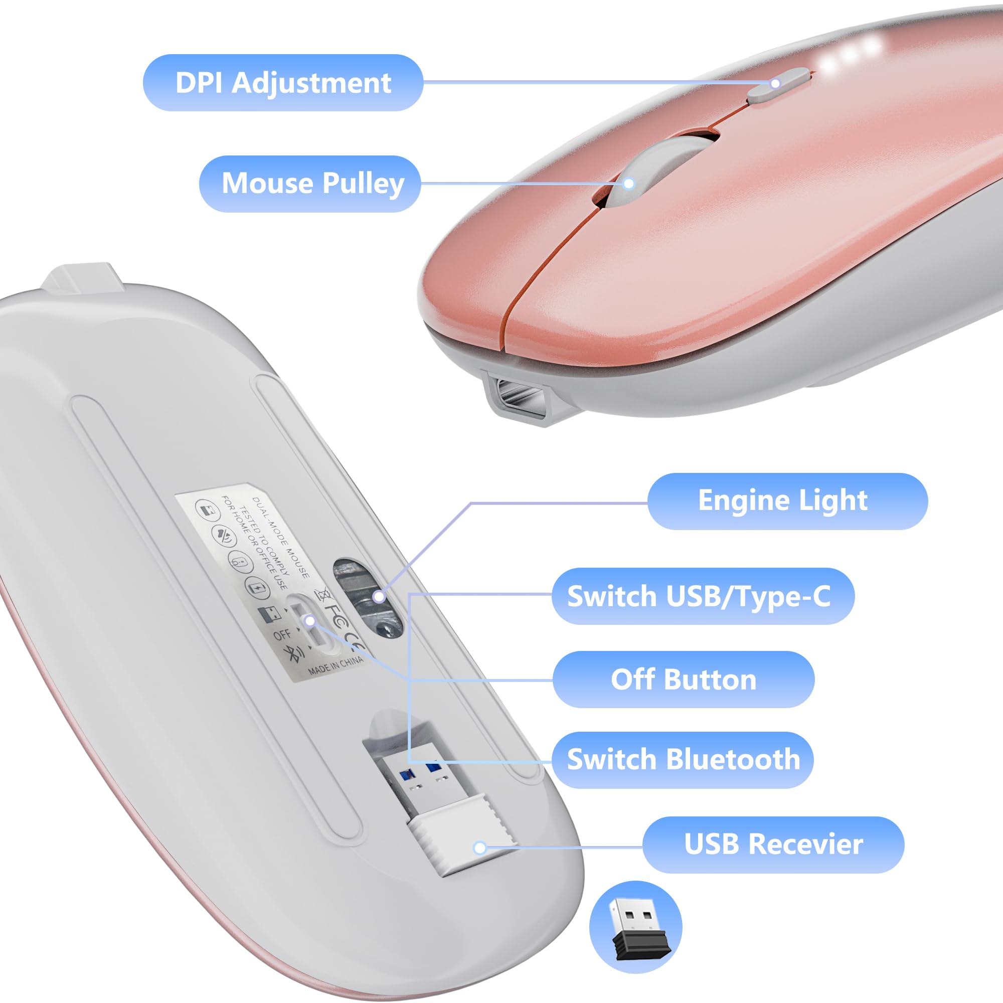 Ultra-Thin 2.4G Wireless Silent Mouse with USB Receiver - Rechargeable Ergonomic Office Mouse for Laptop, PC, MacBook, Notebook & Computer (Rose Gold) - Perfect for Home, Office & Travel Use