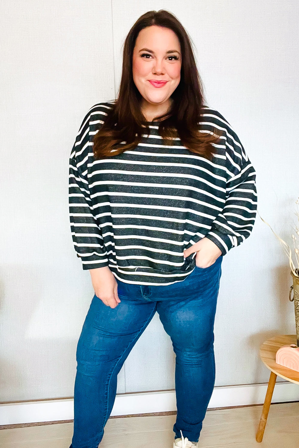 Stylish Charcoal Striped Terry Banded Dolman Pullover Sweater for Women - Cozy & Fashionable Loungewear for Casual Outings and Relaxing at Home