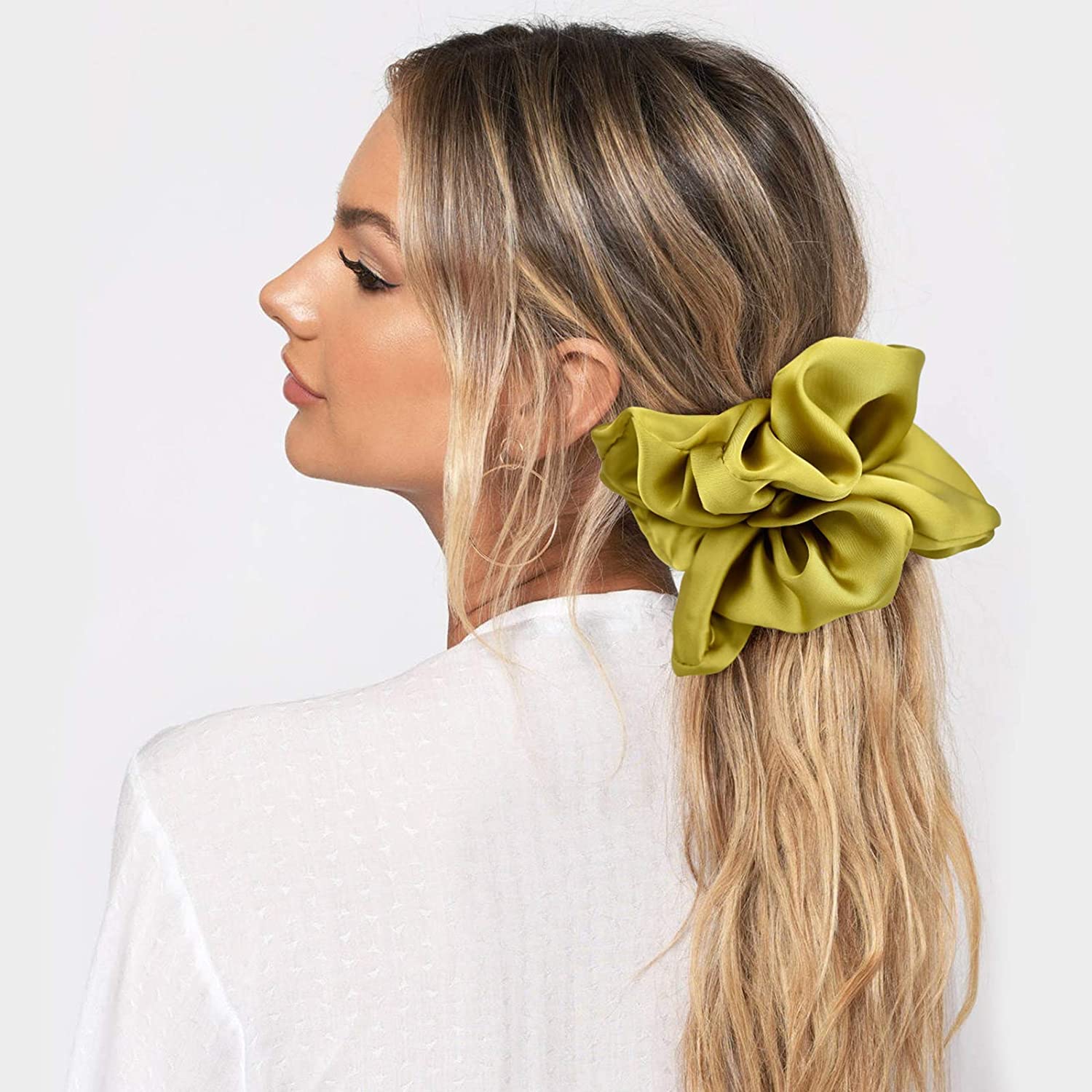 Large Satin Hair Scrunchies for Women - 8 Pack Oversized Silk Hair Ties with Thick Elastic (Black, White, Pink, Champagne, Navy, Yellow) - Perfect for Workouts, Office, and Everyday Styling