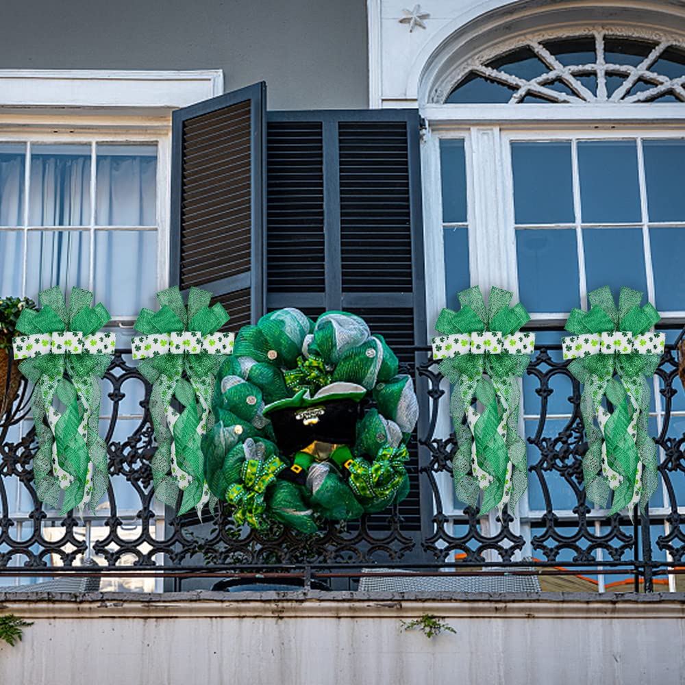 Large St. Patrick's Day Wreath Bows - Green Glitter Shamrock Decor for Front Door, Irish Holiday Party Hanging Ornaments | Perfect for Outdoor Decorations, Wreath Accents & St. Patrick's Day Celebrations