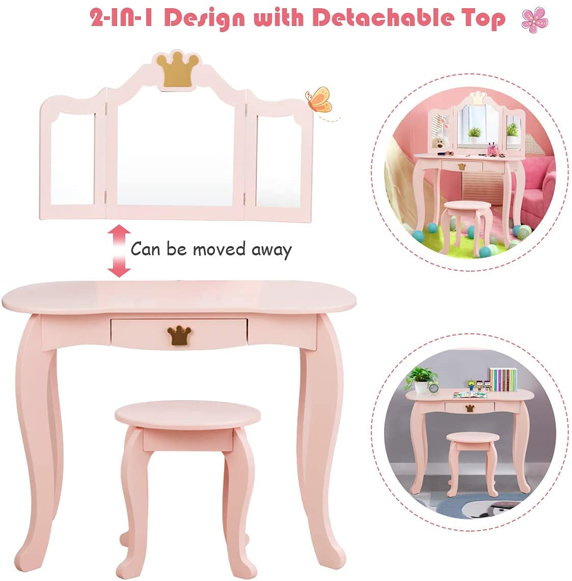Princess Makeup Vanity Set with Mirror & Chair for Girls - Pretend Play Beauty Dressing Table (Pink) - Perfect for Bedroom Playroom
