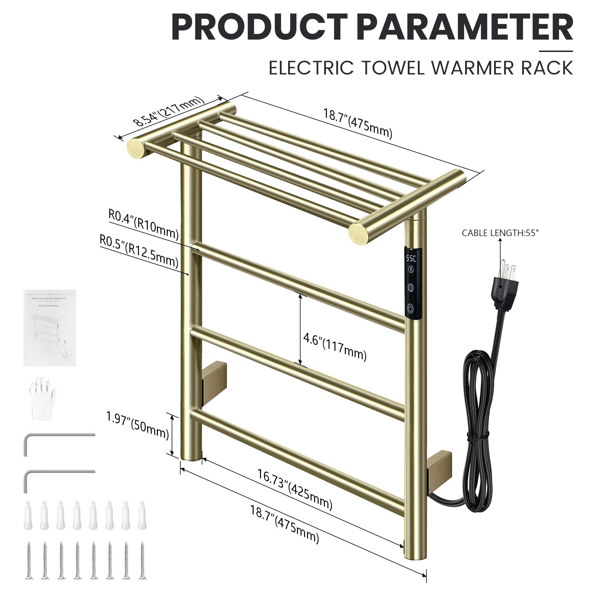 Stainless Steel Electric Towel Warmer - Wall Mounted Heated Towel Rack with 3 Bars, Built-in Timer & Brushed Gold Finish | Perfect for Bathrooms, Spas & Luxury Home Decor