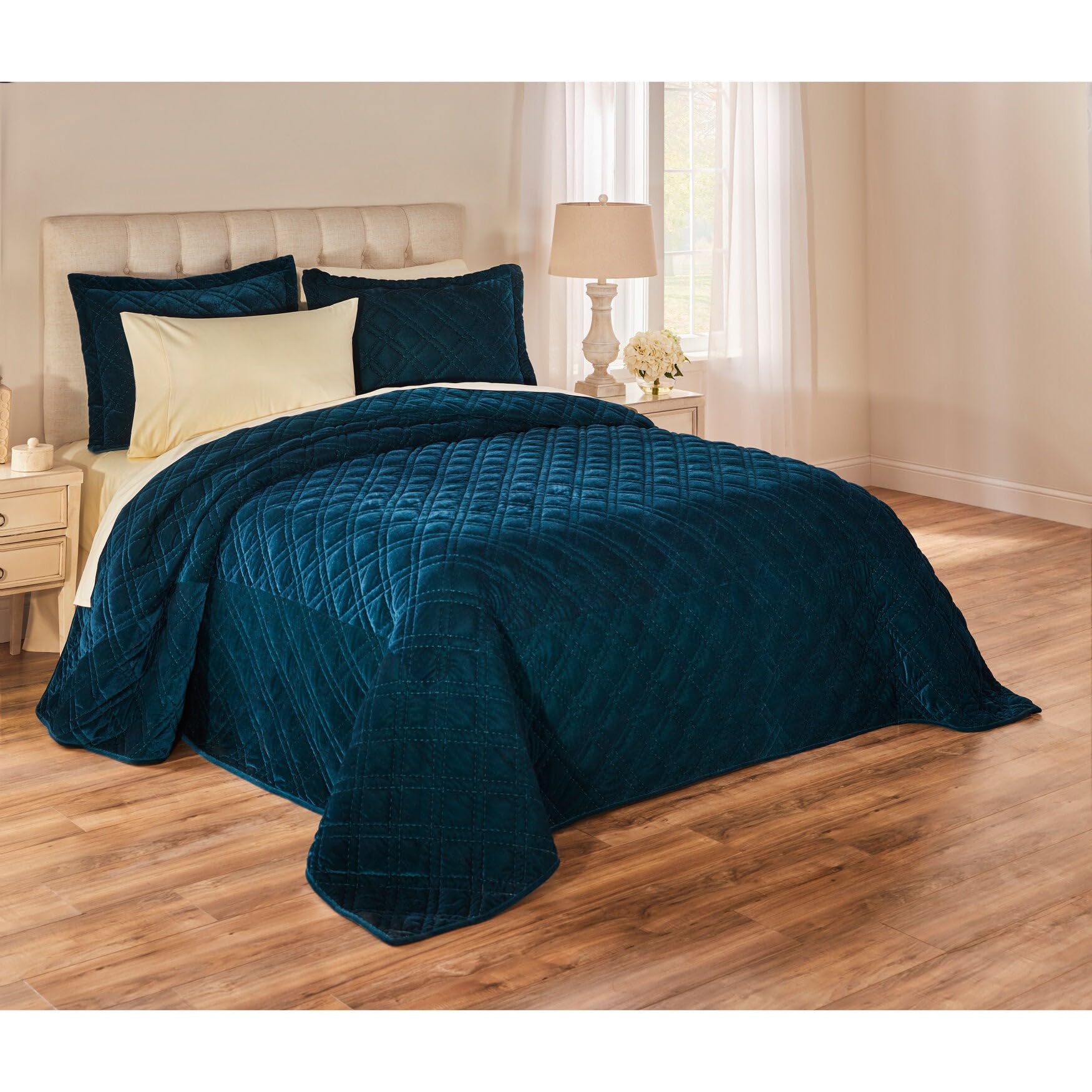 BrylaneHome Velvet Diamond Quilted Bedspread Queen Size - Luxurious Deep Teal Comforter for Bedroom Decor | Perfect for Master Bedroom, Guest Room & Hotel Styling