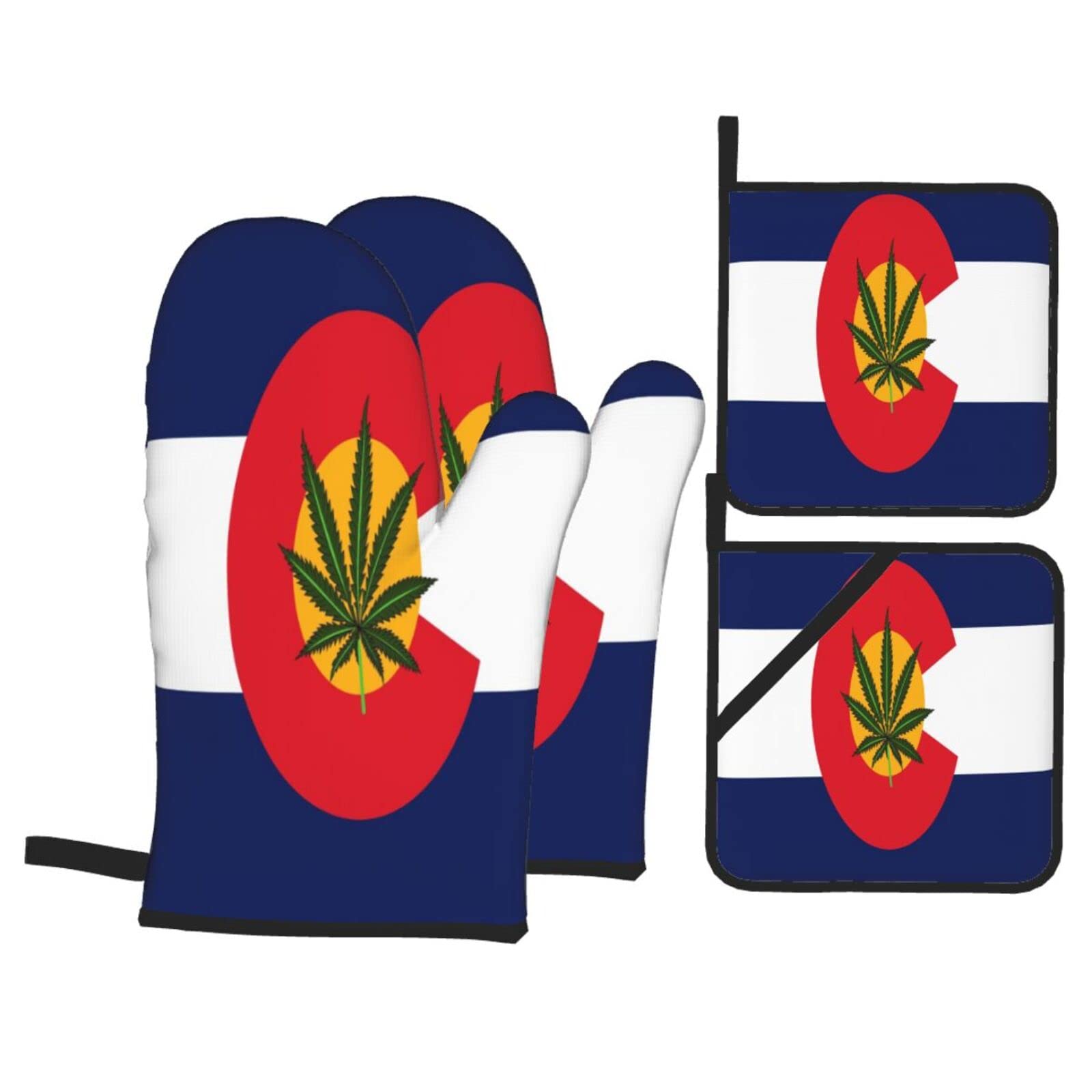 Colorado Weed Flag 4-Piece Oven Mitt and Pot Holder Set - Heat Resistant, Non-Slip Kitchen Gloves & Hot Pads for Cooking, BBQ, Baking, Grilling - Perfect for Cannabis Enthusiasts & Colorado Pride Kitchen Decor