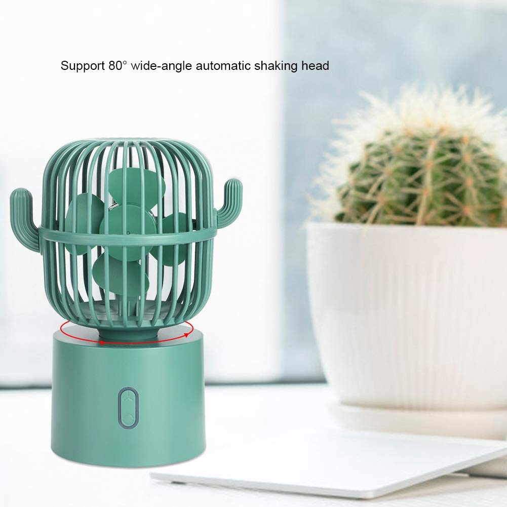 USB Desk Fan - 3 Speed Adjustable, Portable Mini Cactus Desktop Fan with Wide-Angle Oscillation & Dual Charging | Perfect for Home Office, Car, Workstation & Decorative Cooling (Green)