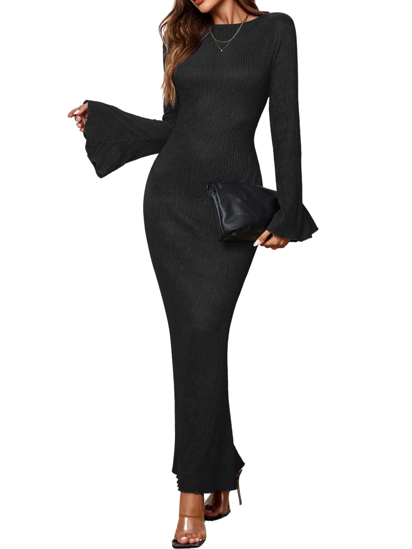 Elegant Women's Fall Long Sleeve Bodycon Maxi Dress - Crew Neck Formal Cocktail Wedding Guest Dress for Evening Parties & Special Occasions
