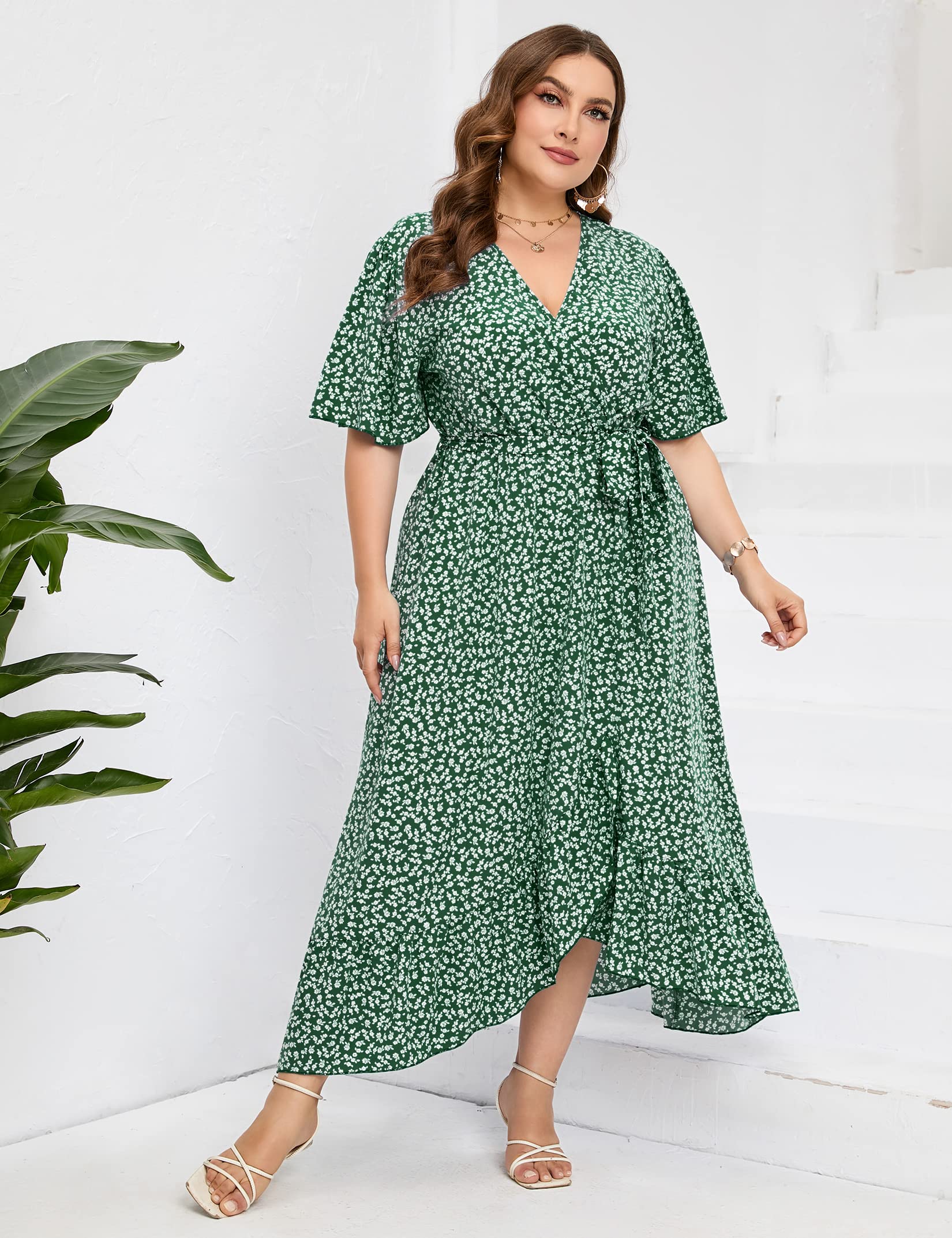KOJOOIN Women's Plus Size Casual Floral Print Dress - Short Sleeve V-Neck A-Line Ruffle Summer Dress for Beach, Party & Everyday Wear