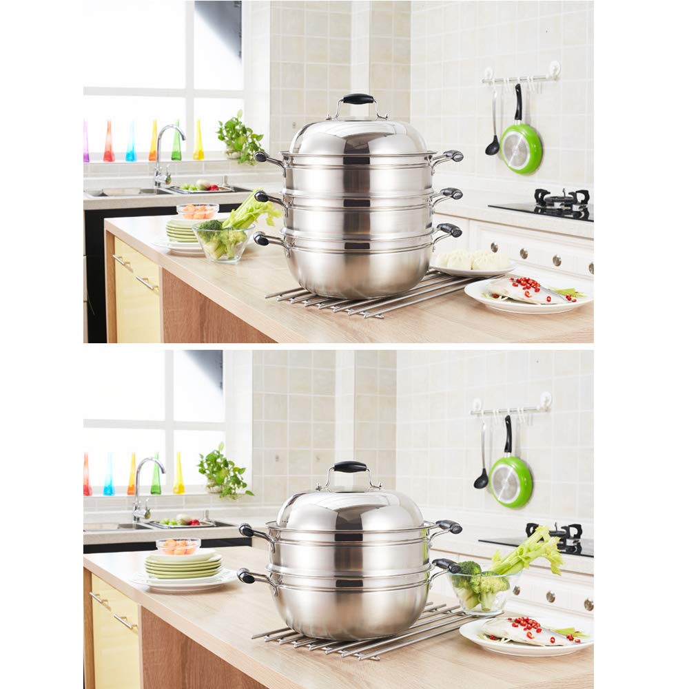 Premium Stainless Steel Steamer Pot - 3-Tier Chinese Vegetable Steamer Basket for Induction Cooker & All Pans (34cm) - Perfect for Healthy Cooking, Dumplings & Seafood
