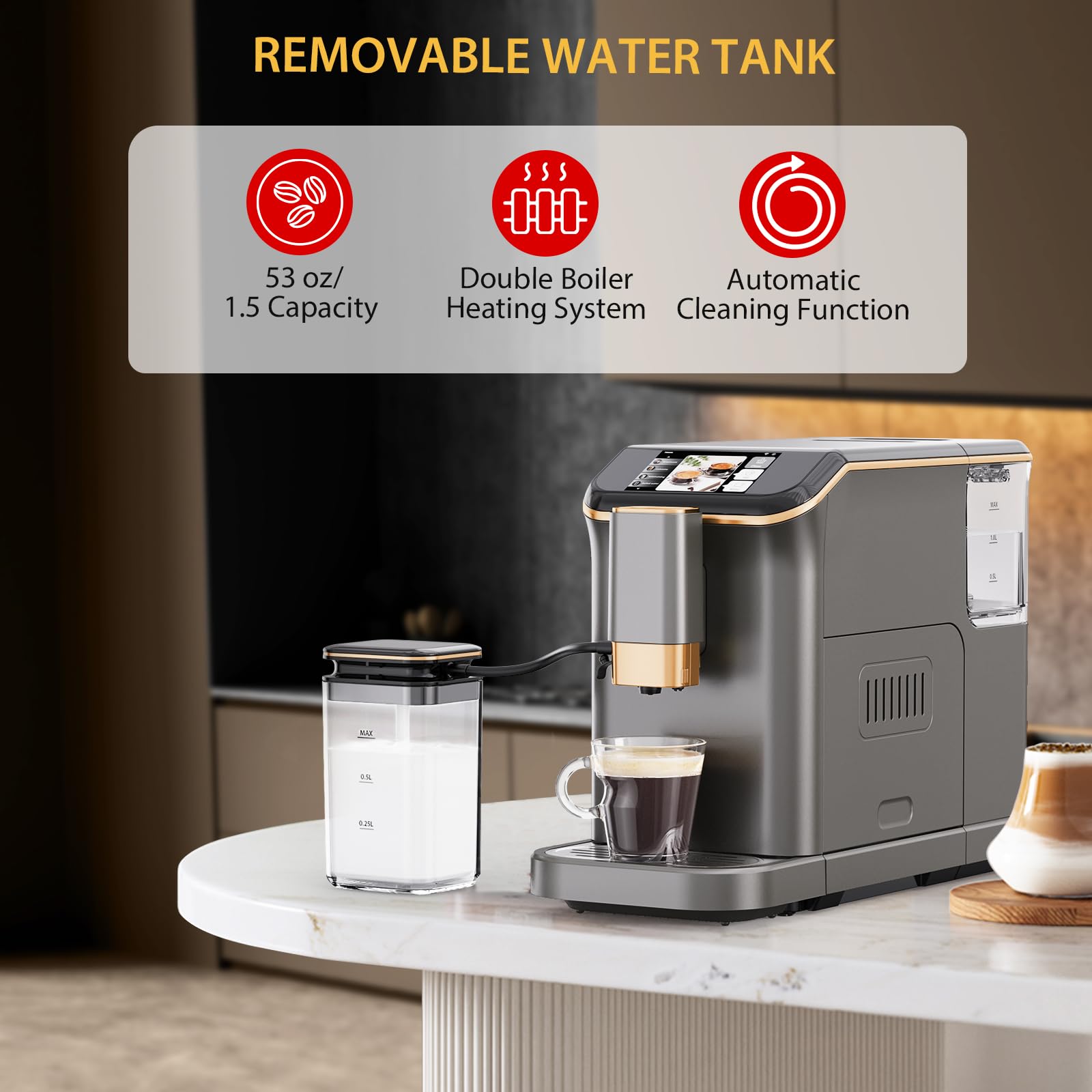 Fully Automatic Espresso Machine with 20 Bar Pressure, Milk Frother & 7 Coffee Options - Touch Screen Coffee Maker with Self-Cleaning for Cappuccino, Latte, Espresso - Perfect for Home, Office & Cafe Use