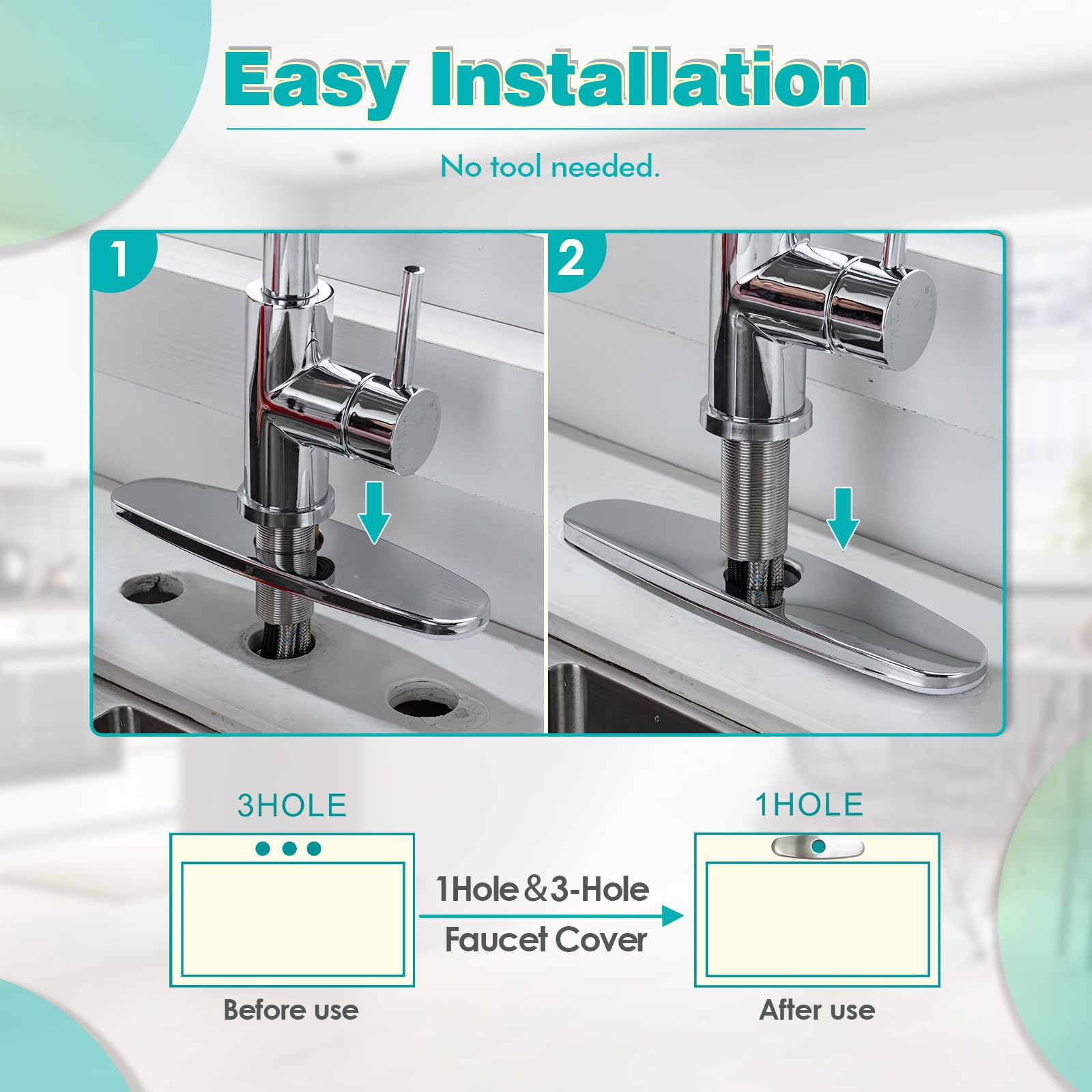 Kicimpro Stainless Steel 3-Hole Kitchen Faucet with Pull Down Sprayer, Sink Hole Cover, Commercial & RV Camper Use for Sink