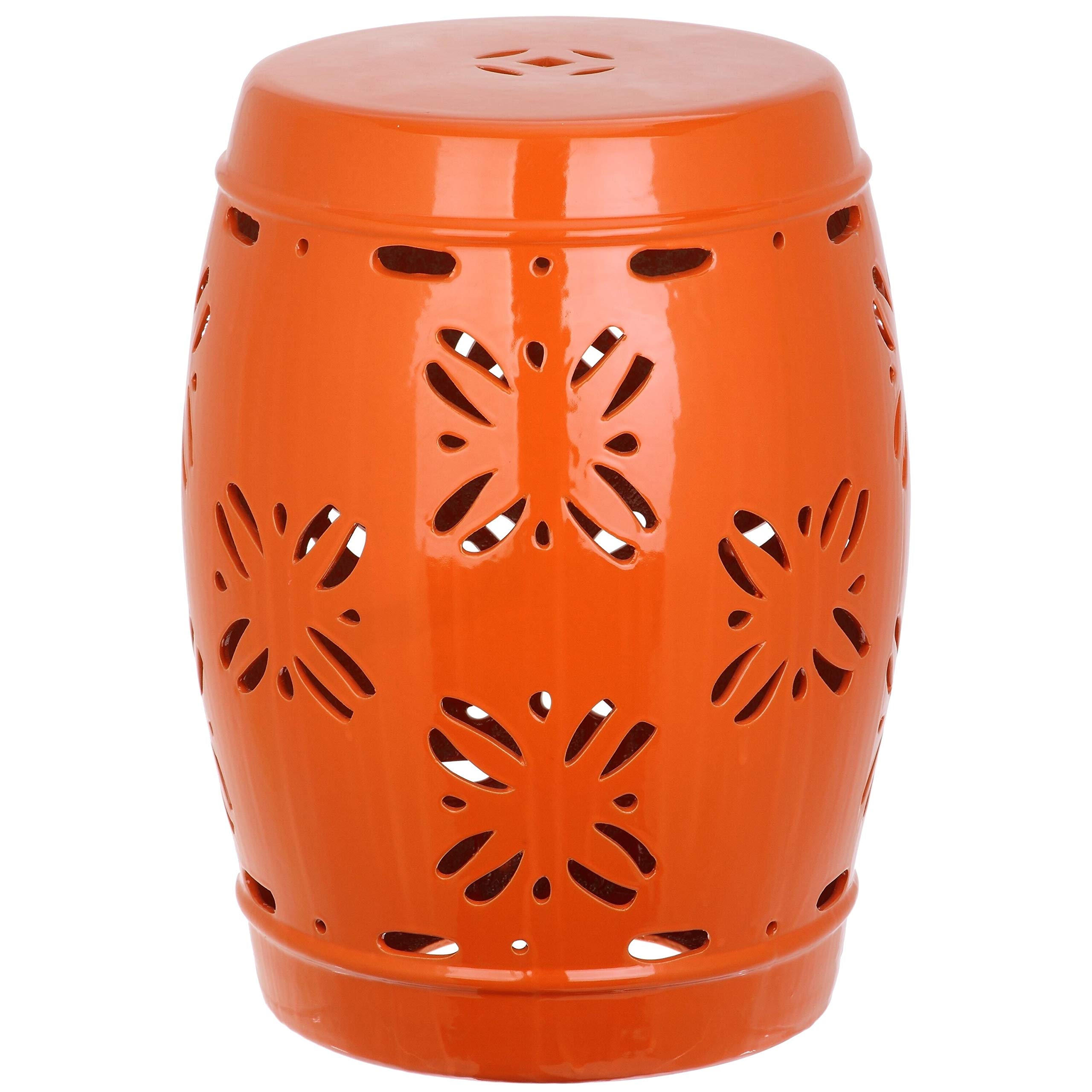 Orange Boho Plant Stand - Ceramic Moroccan Stool for Patio, Deck & Backyard - Coastal Outdoor Table with Geometric Design - Perfect for Lawn, Garden & Bohemian Home Decor