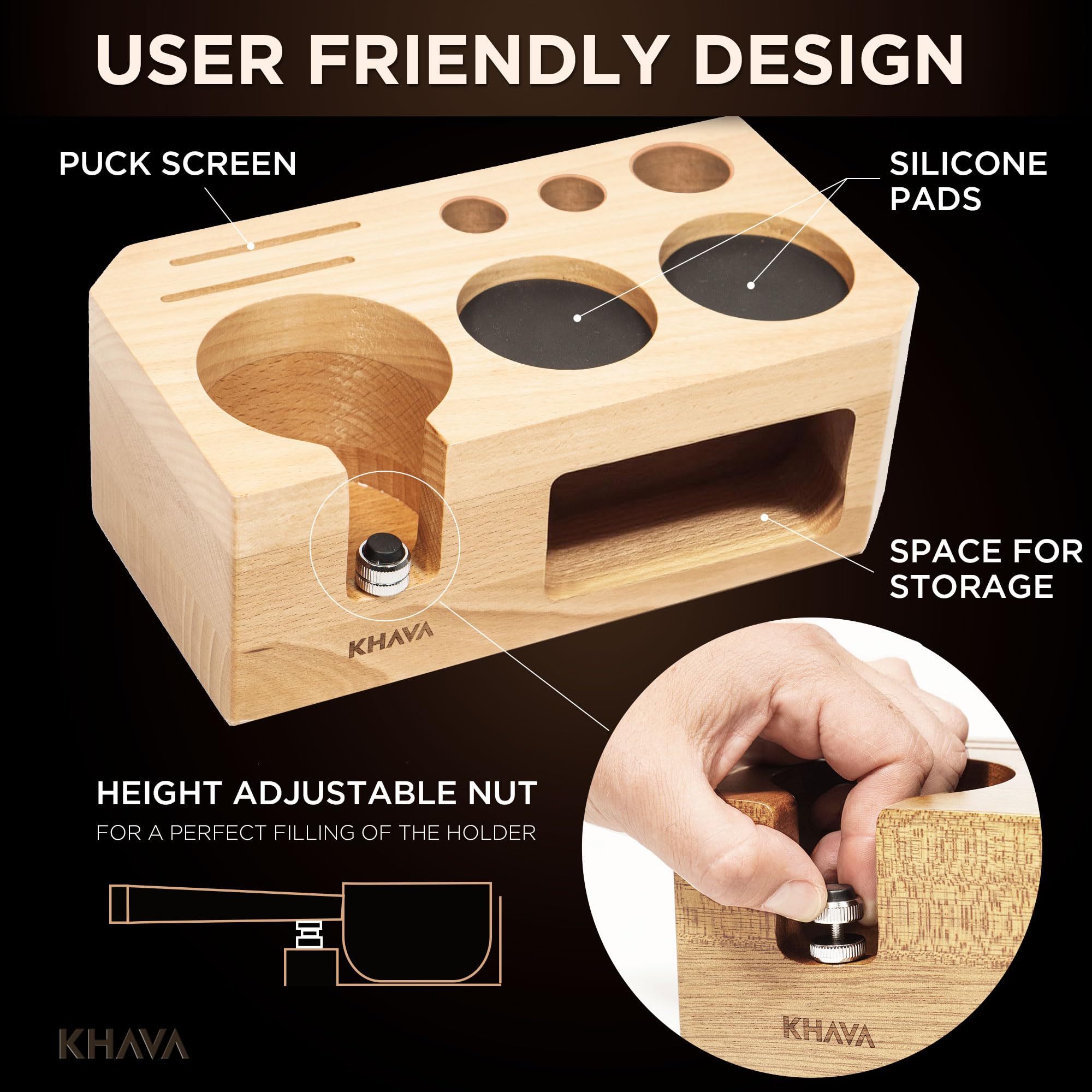 KHAVA Wooden Espresso Tamping Station 58mm - Coffee Bar Organizer for Countertop & Portafilter Holder