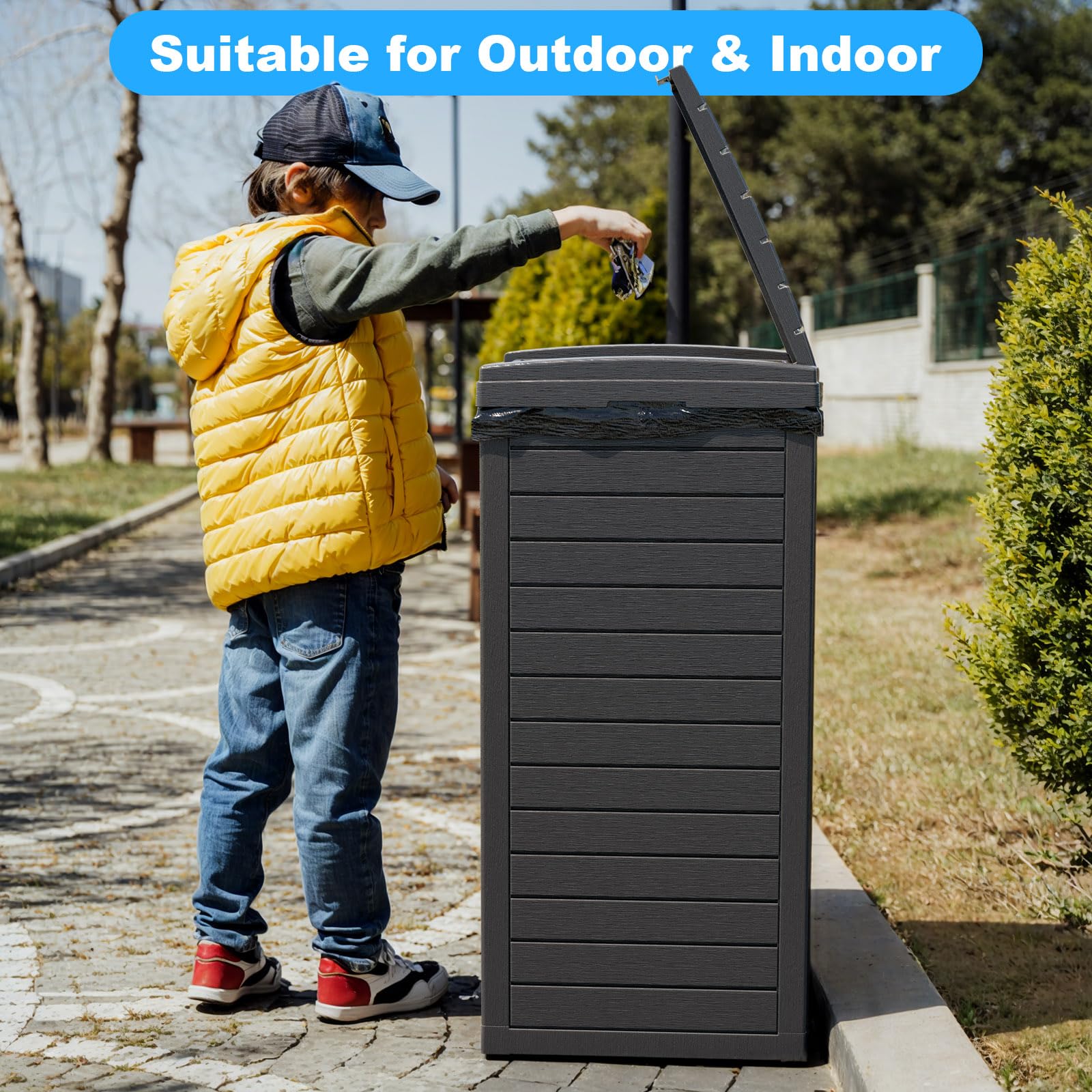Outdoor Trash Can with Lid - 31 Gallon Waterproof Resin Garbage Bin with Dual Lid Closure & Pull-Out Liquid Drawer - Heavy Duty for Patio, Backyard, Deck, Garden, Camping & Outdoor Events (Black)
