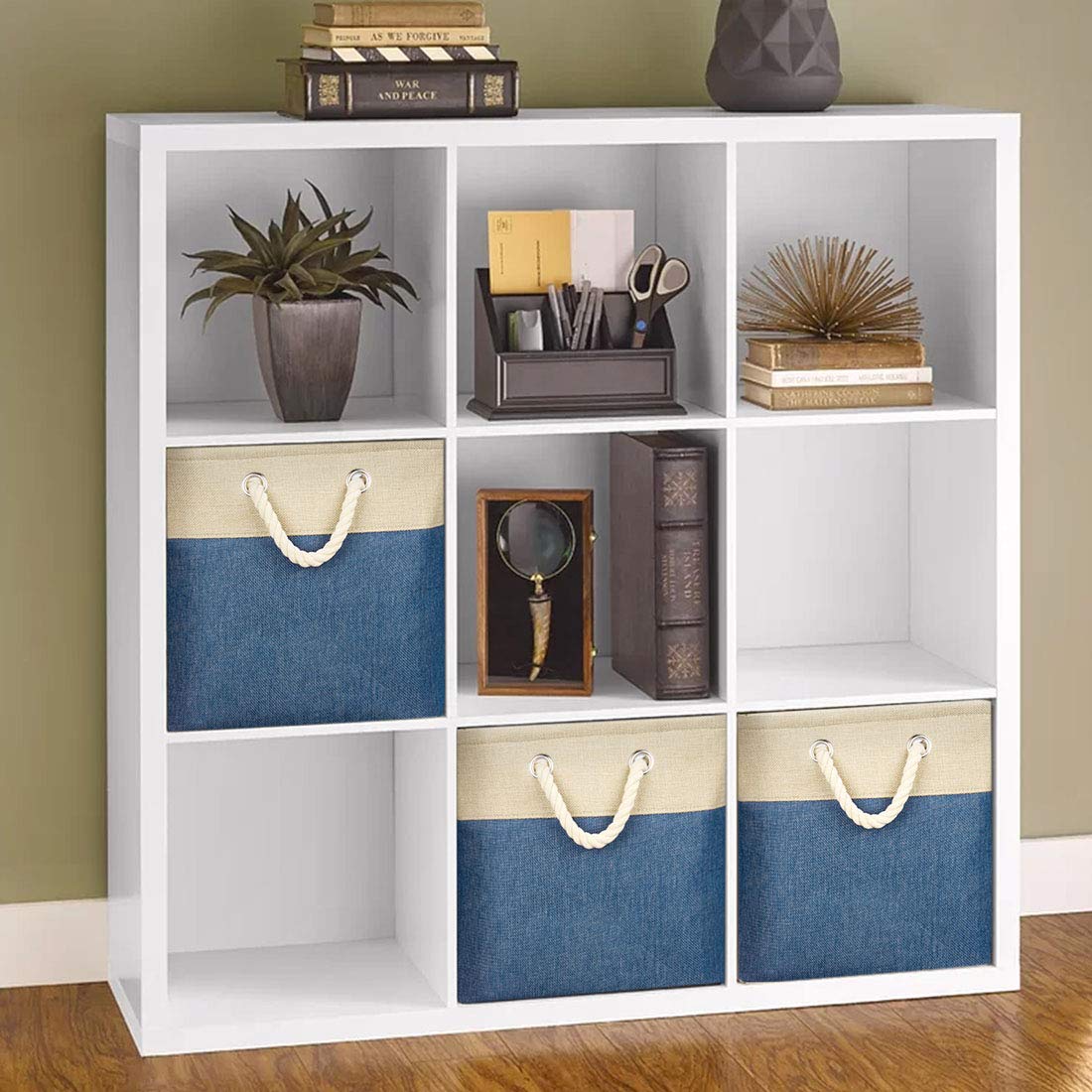i BKGOO 3-Pack Large Foldable Storage Bins | Collapsible Fabric Organizer Baskets with Cotton Handles | 13×13×13 Inch for Home, Office, Shelf, Clothes & Toys (Khaki-Blue) | Perfect for Closet Organization, Kids Room Storage & Space Saving Solutions