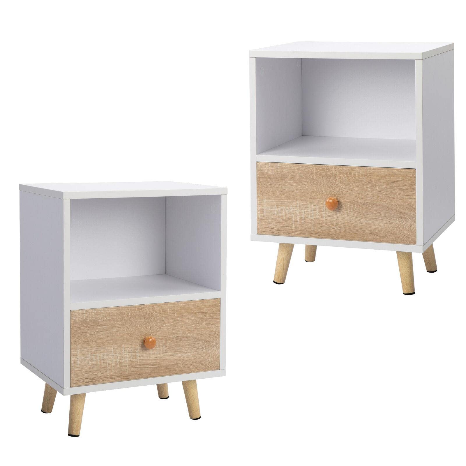 2-Piece Nightstand Set with Drawer and Shelf - Modern Bedside Table for Living Room & Bedroom - Sturdy Bedroom Furniture for Storage and Decor