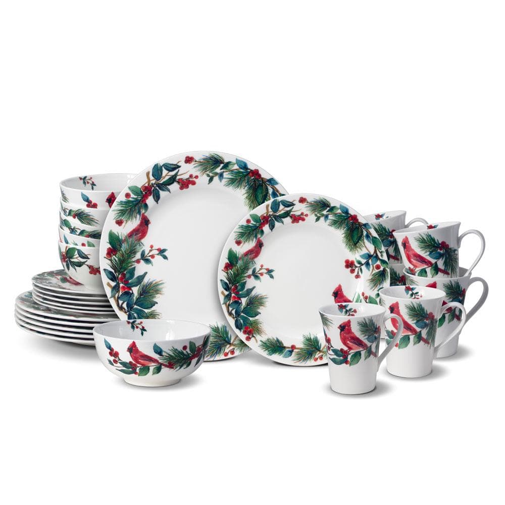 24-Piece Winter Cardinal Dinnerware Set - Service for 6, Elegant Tableware for Holiday Dinners & Family Gatherings