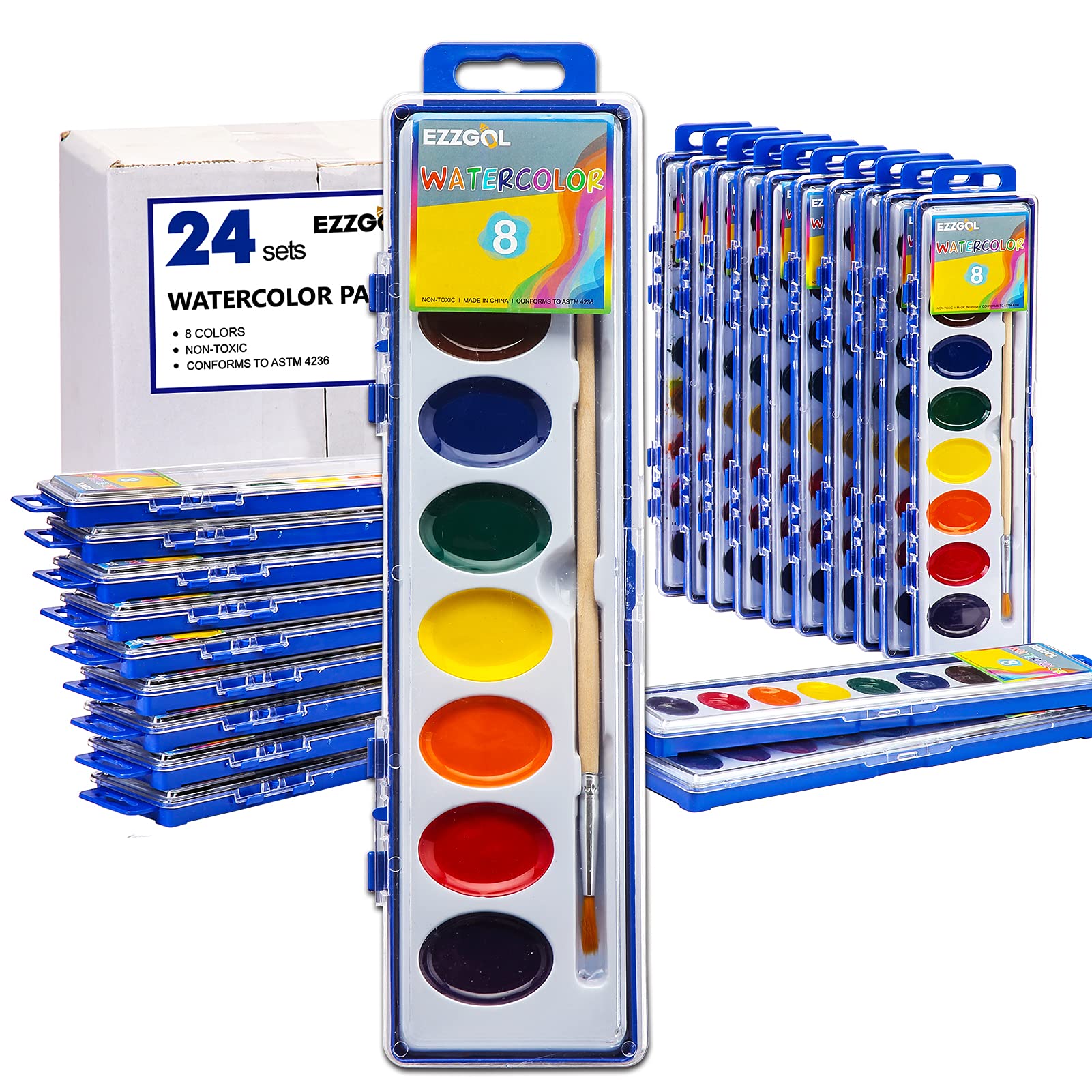 24-Count Washable & Non-Toxic Watercolor Paint Set - 8 Vibrant Colors for Kids Ages 3+ | Ideal for School Projects, Art Classes & Creative Home Activities