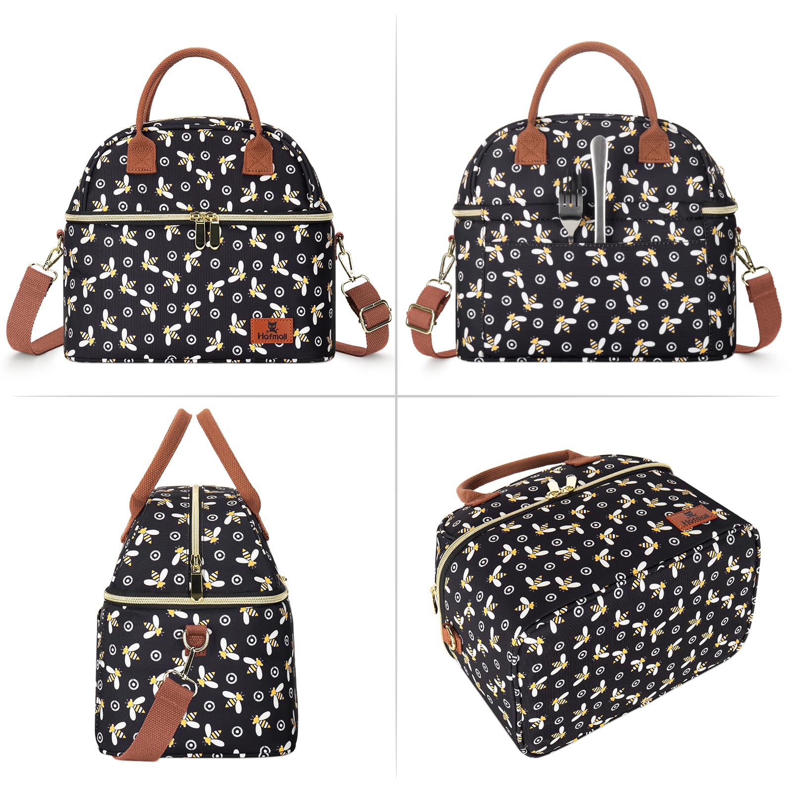 Hafmall Double Decker Insulated Lunch Bag for Women - Large Reusable Lunch Tote with Shoulder Strap, Cute Work Lunch Box for Office, School & Picnic - Bee Design | Perfect for Meal Prep, Commuting & Outdoor Activities