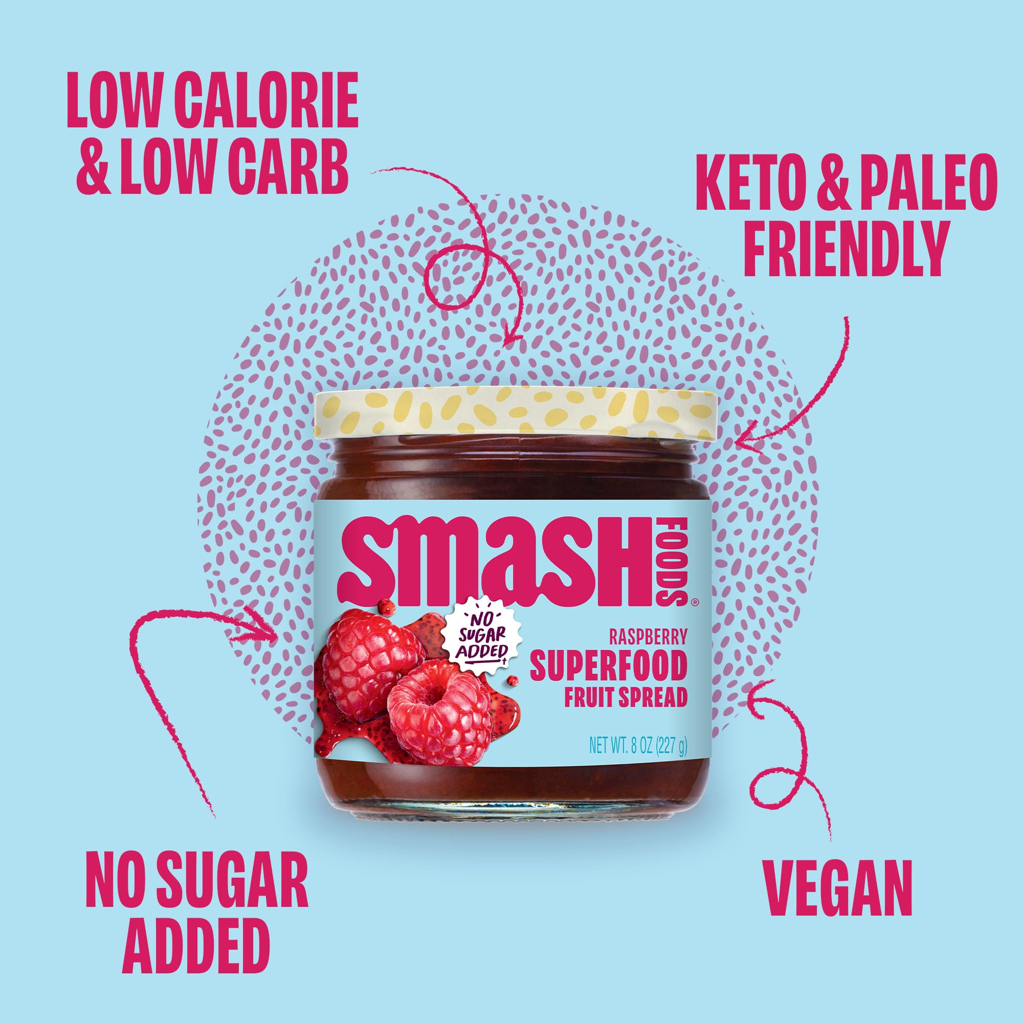 Smash Foods Raspberry Jam - Low-Calorie, No Sugar Added Keto Jam with Upcycled Fruit & Chia Seeds | Vegan, Paleo Superfood Fruit Spread (6 Jars) - Perfect for Breakfast Toast, Yogurt Topping & Healthy Snacking