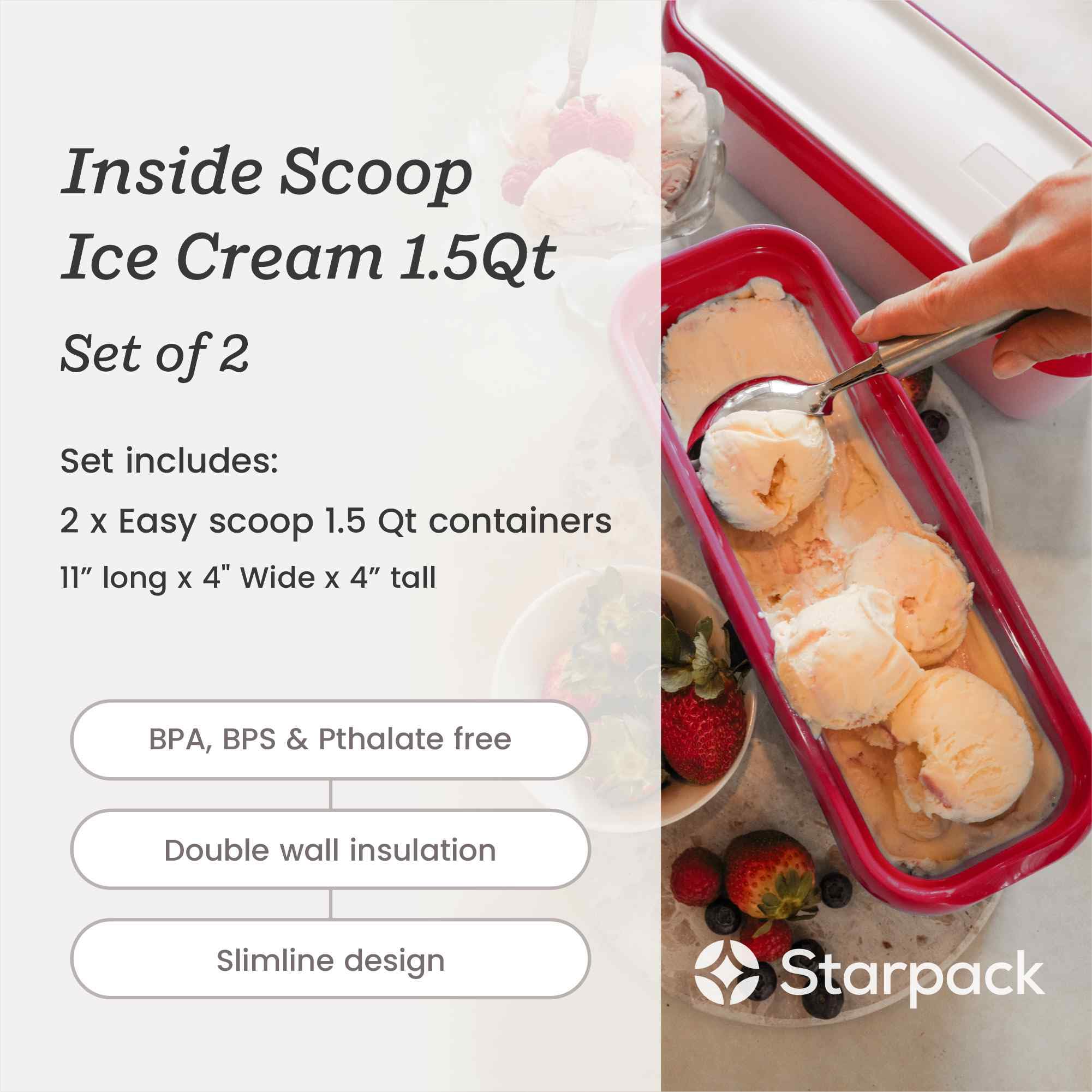 Starpack 1.5 Quart Ice Cream Storage Containers (2-Pack) - Freezer-Safe Leakproof Containers with Silicone Lids for Homemade Ice Cream, Gelato, Sorbet - Reusable Dessert Storage for Parties, Picnics & Meal Prep