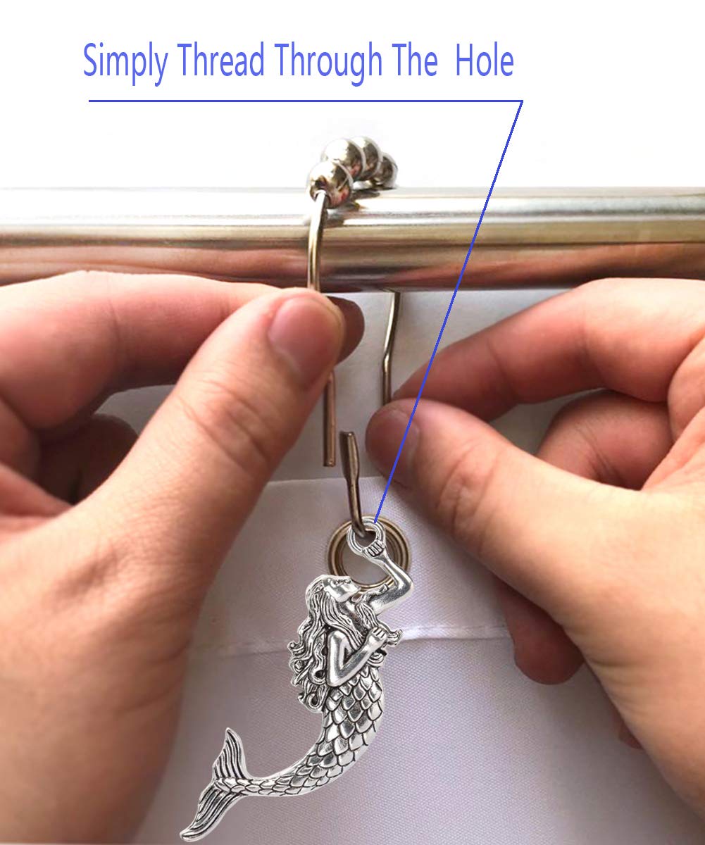 Rust-Proof Silver Mermaid Shower Curtain Hooks & Rings - 12-Pack Decorative Bathroom Accessories for Beach Theme Decor | Perfect for Coastal, Nautical & Ocean-Inspired Bathrooms