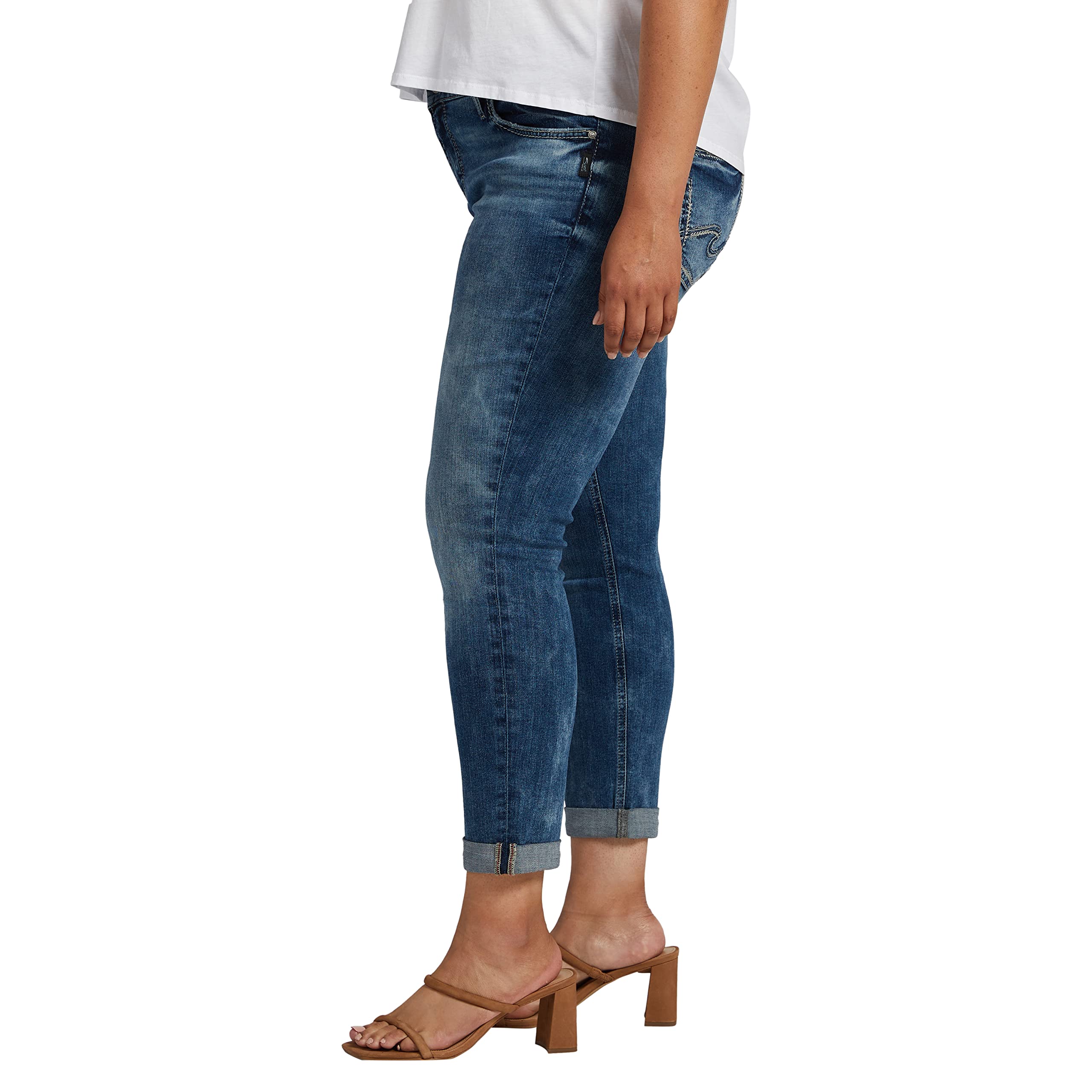 Silver Jeans Co. Women's Plus Size Girlfriend Mid Rise Slim Leg Jeans - Legacy - Comfortable Stretch Denim for Casual Wear & Everyday Outfits