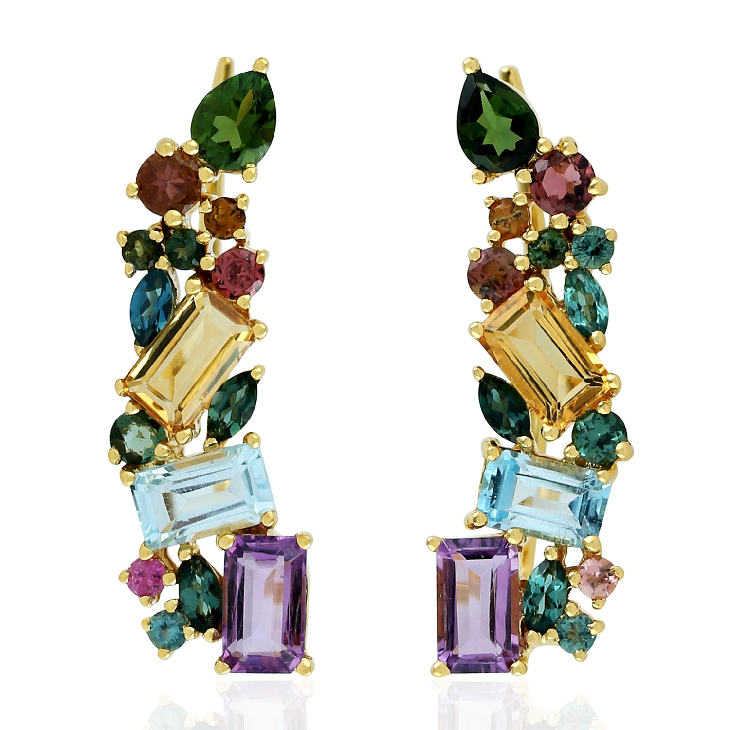 Baguette Cut Blue Topaz Amethyst Citrine Multi Tourmaline Gold Ear Climber Earrings | Stackable Dangle Jewelry for Women | Perfect for Parties, Weddings & Evening Events
