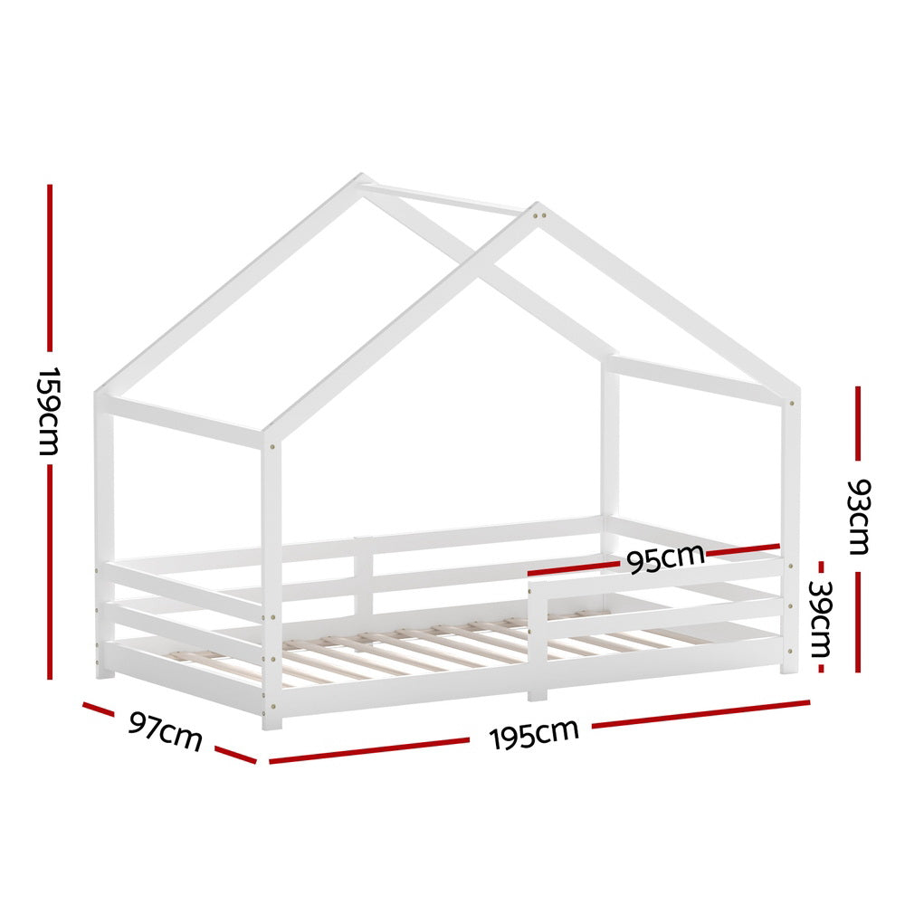 Amos White House Shaped Solid Wood Bed Frame - Queen Size, Sturdy & Elegant Design for Bedroom, Guest Room or Kids Room