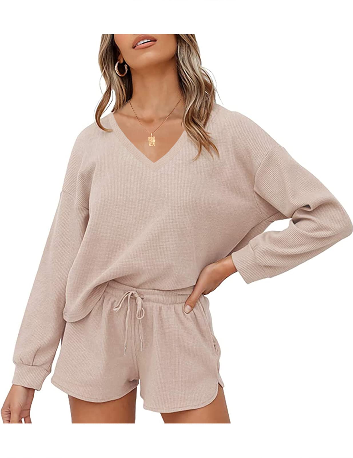 MEROKEETY Women's Long Sleeve Waffle Knit Lounge Set - V-Neck Top & Shorts 2-Piece Pajama Set with Pockets | Cozy Sleepwear for Nighttime & Loungewear for Home Relaxation