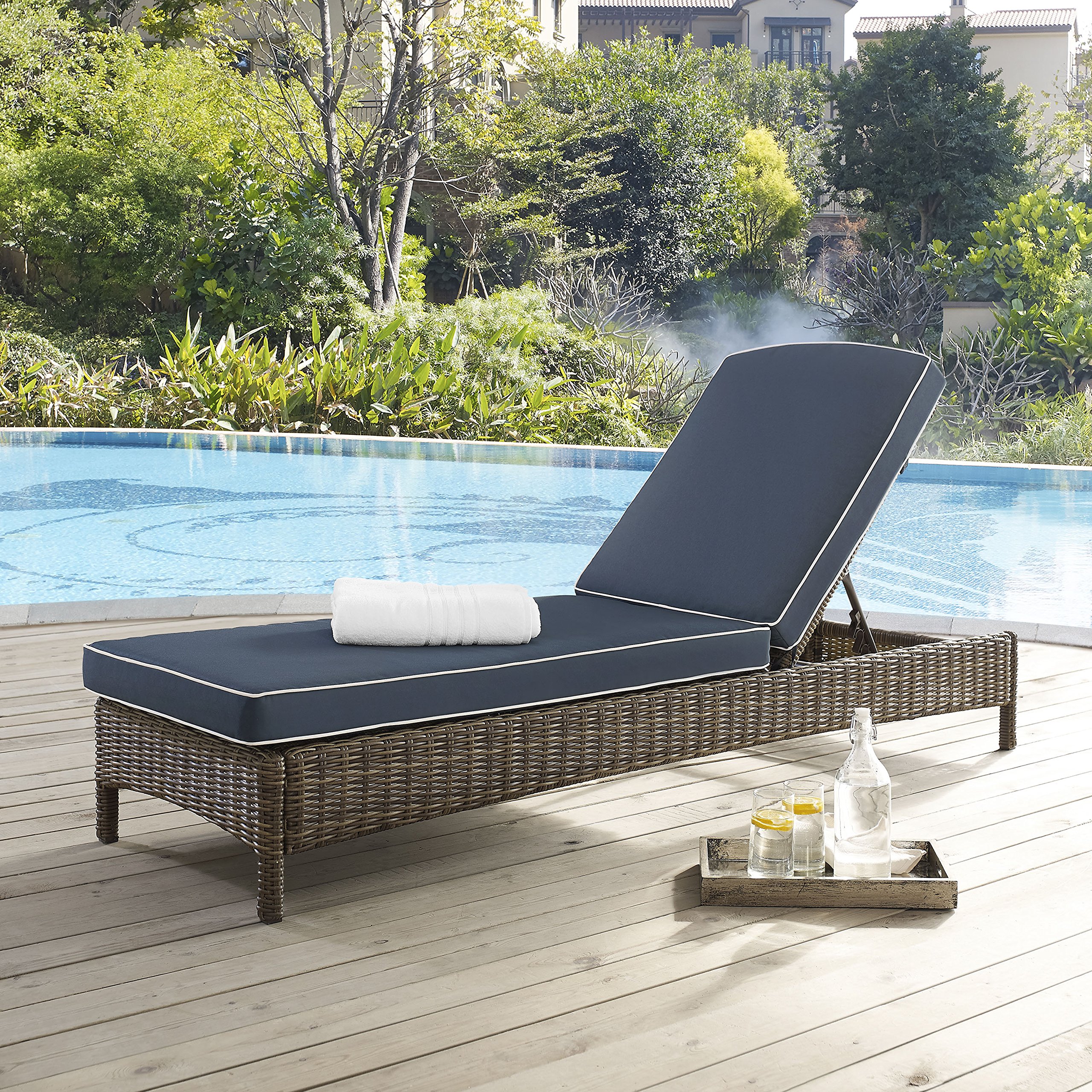 Crosley Bradenton Reclining Wicker Outdoor Chaise Lounge Chair - Brown with Navy Cushions for Patio, Deck, Backyard, Poolside Relaxation | Weather-Resistant Wicker Furniture for Outdoor Lounging & Sunbathing