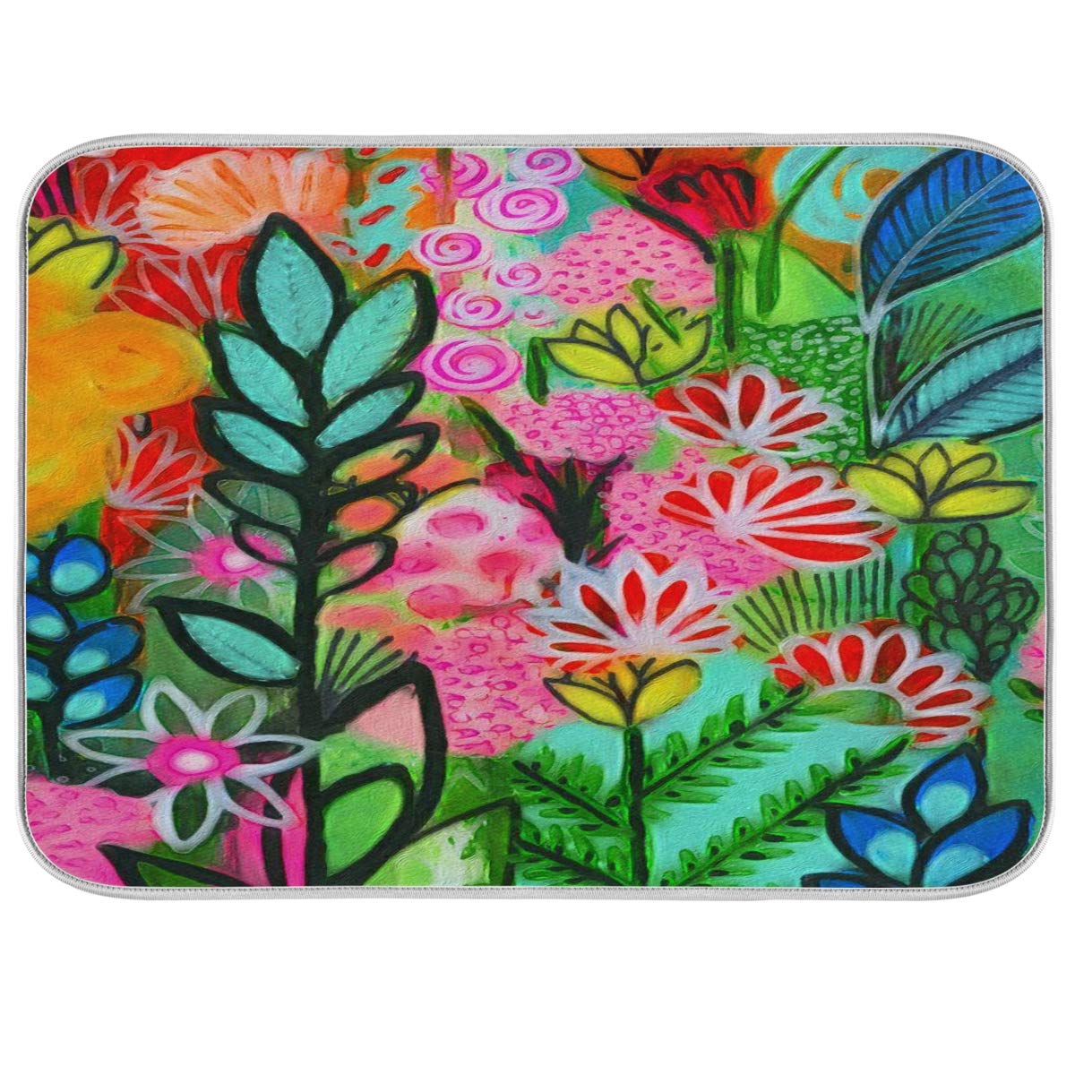 Colorful Tropical Plant Flower Reversible Kitchen Dish Drying Mat - 18 x 24 Inch Sink Pad for Dishwashing, Countertop Protection, and Stylish Decor