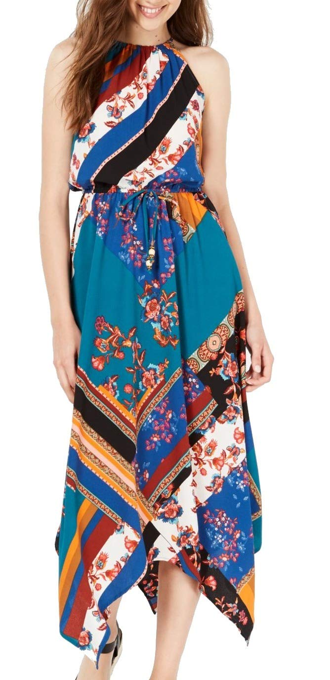 Women's Blue Floral Printed Sleeveless Halter Maxi Dress - Juniors XXS - Summer Beach Party, Wedding Guest, Vacation Outfit
