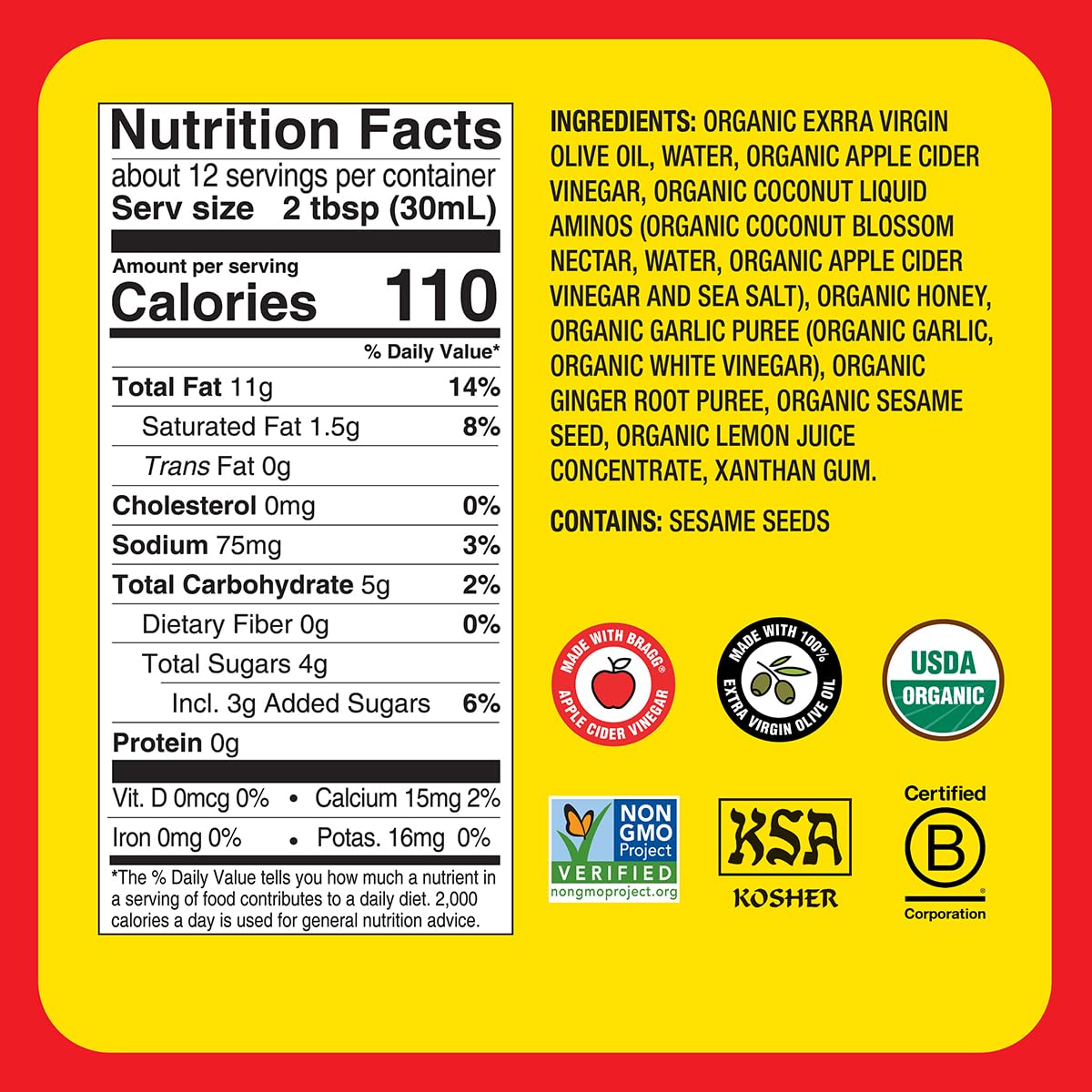 Bragg Organic Ginger & Sesame Salad Dressing & Marinade - 12 fl oz - Gluten-Free, Vegan, Non-GMO - Made with Apple Cider Vinegar - Perfect for Salads, Stir-Fries & Asian-Inspired Dishes