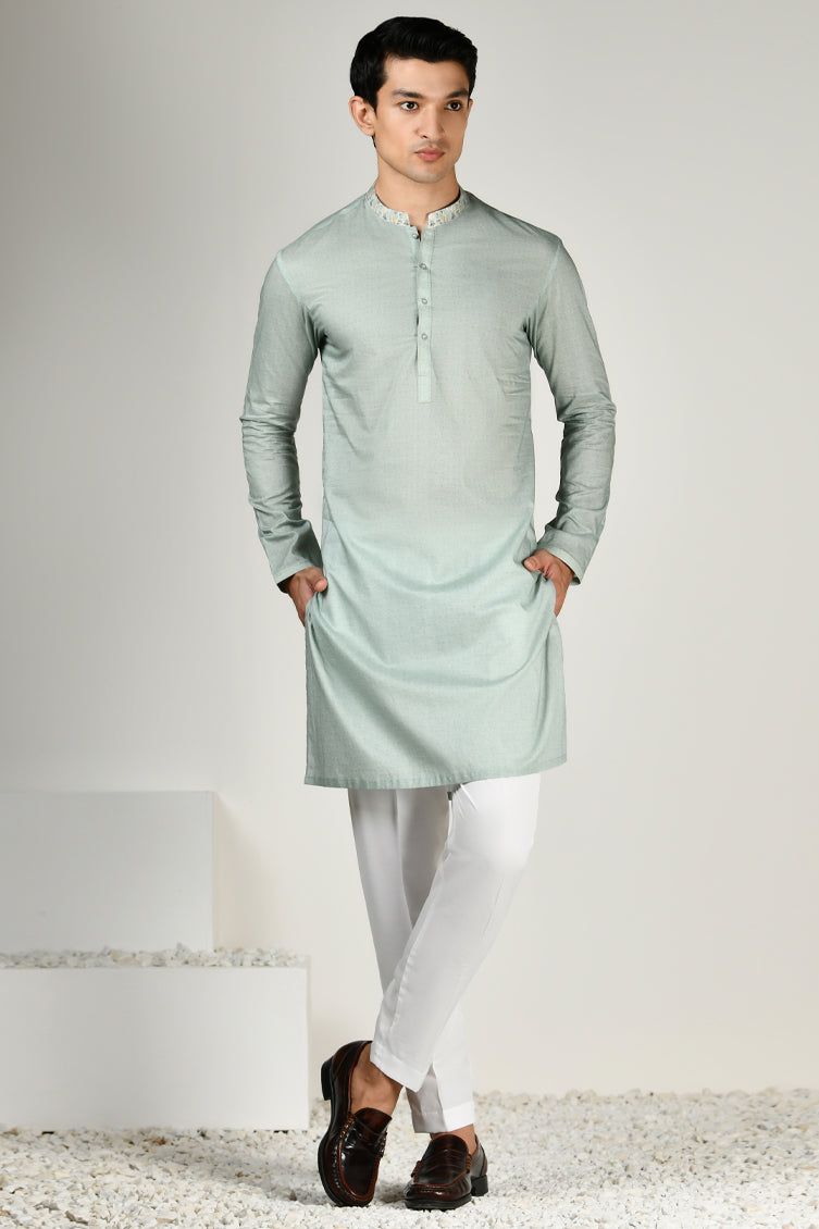 Premium Cotton Apple Green Kurta by J. Junaid Jamshed - Elegant Pakistani Traditional Wear for Men, Perfect for Eid, Weddings & Special Occasions