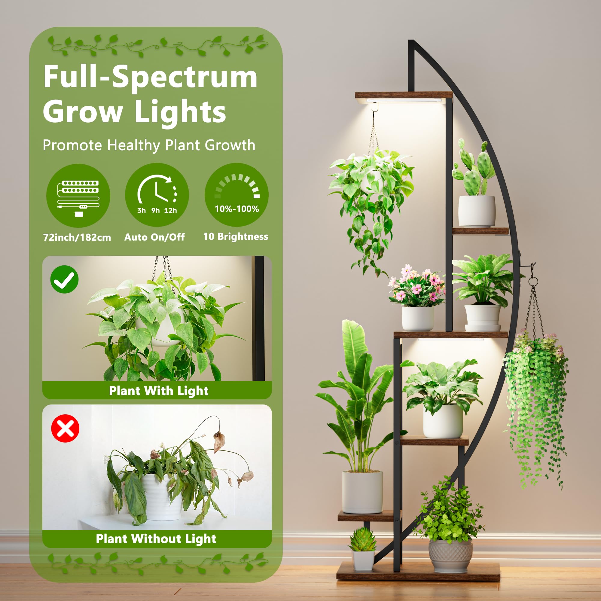 6 Tier Tall Metal Plant Stand with Grow Lights - 63