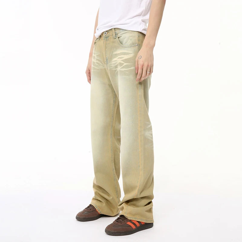 American Design Men's Denim Pants - Casual Distressed Contrast Color Straight Leg Jeans for Summer | Wide Bottom Comfort Fit (Style 9C6504) | Perfect for Streetwear, Casual Outings & Everyday Wear