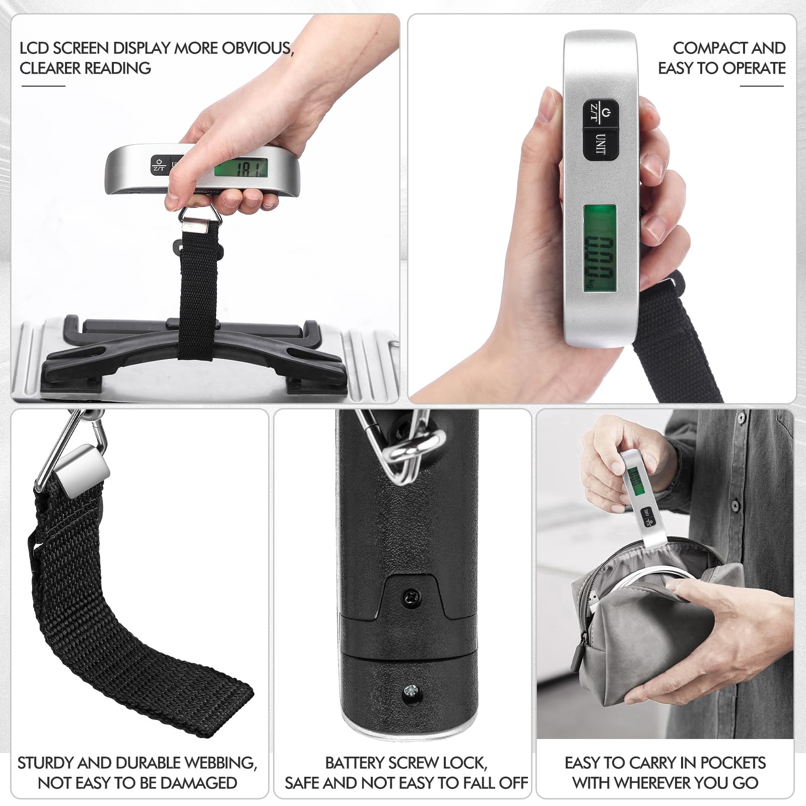 Nuenen 6-Piece Portable Digital Luggage Scale Set - 110LB/50KG Capacity Handheld Suitcase Weight Scale with Battery - Perfect for Air Travel, Cruise Vacations & Shipping Packages