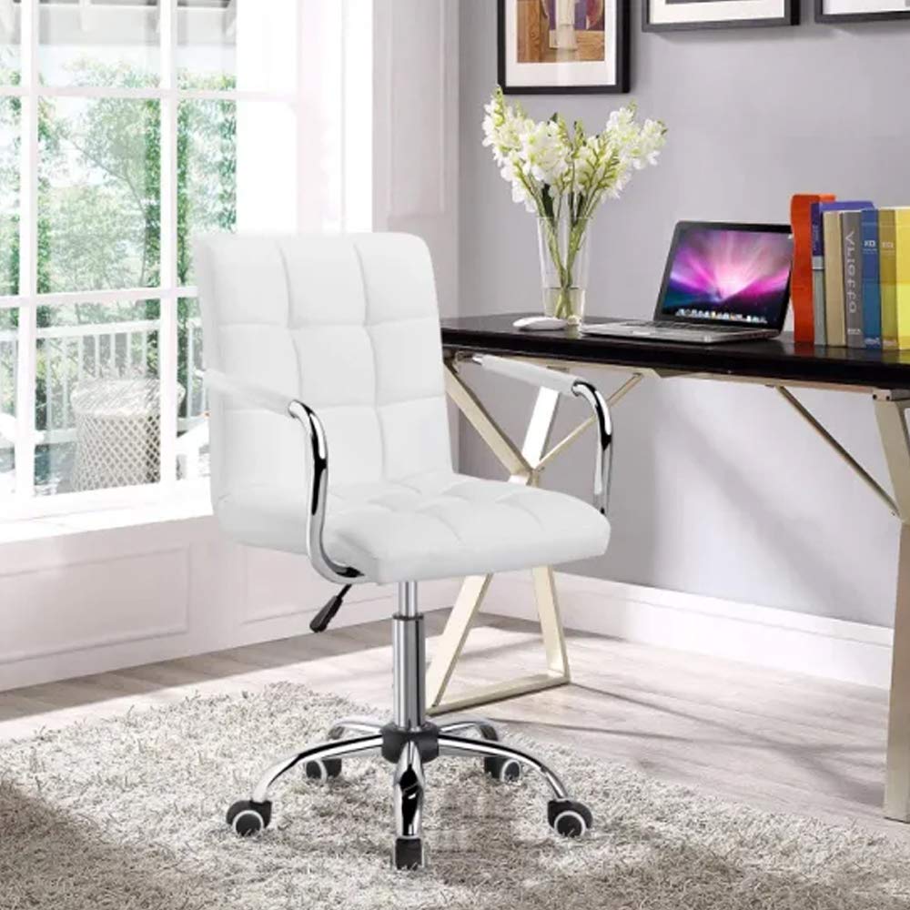 Modern Mid-Back PU Leather Office Chair with Adjustable Height, Wheels & Armrests - Ergonomic Computer Desk Chair for Home Office, Kitchen Counter or Bar (White) - Perfect for Long Work Sessions & Small Spaces