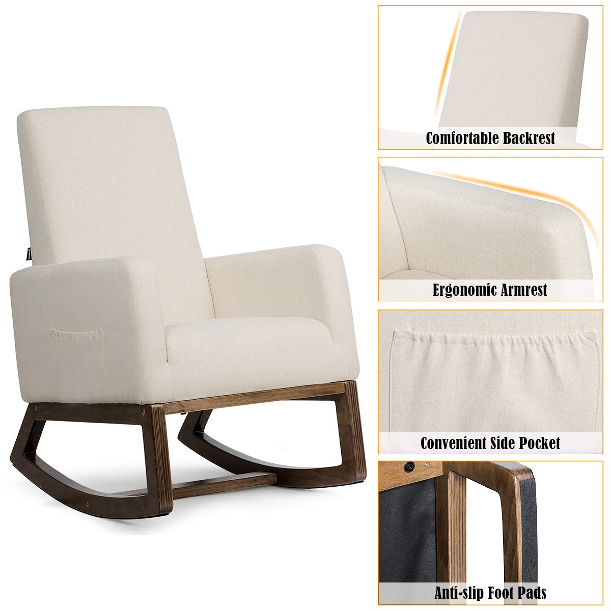 Giantex Upholstered Rocking Chair with Padded Seat & Wood Base - Comfortable Nursery Rocker, Living Room Chair in Beige - Perfect for Nursing, Relaxing & Nursery Decor