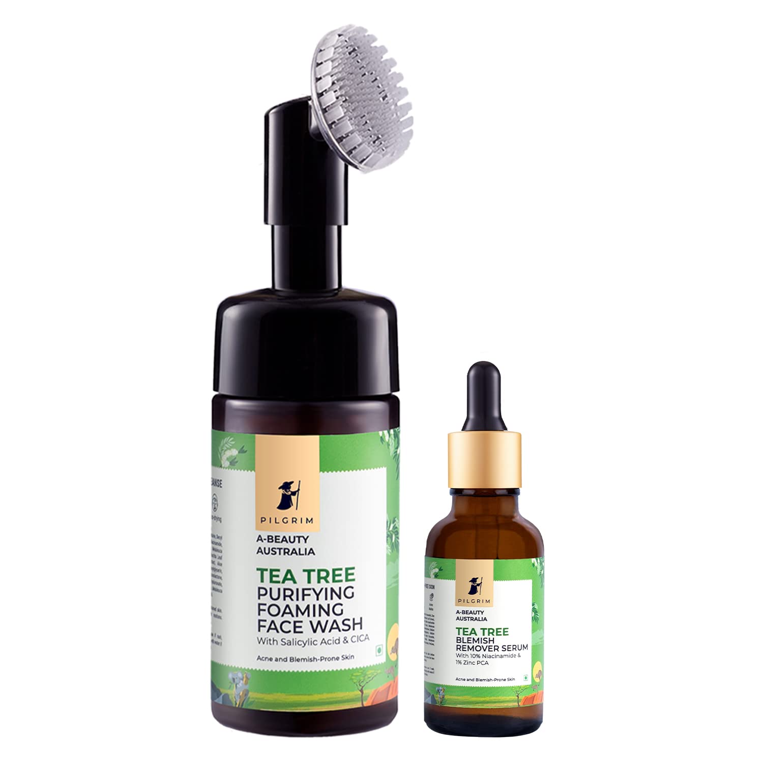 Pilgrim Tea Tree Anti-Acne Kit with Foaming Face Wash & Blemish Serum - 1% Salicylic Acid & 10% Niacinamide for Acne-Prone Skin - Men & Women - Daily Skincare Routine for Clear Complexion