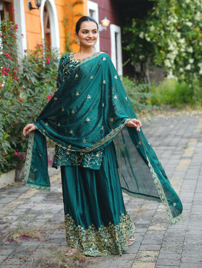 Turquoise Green Rangoli Silk Kurti Skirt Dupatta Set for Women - Elegant Indian Ethnic Outfit for Festivals, Weddings & Special Occasions