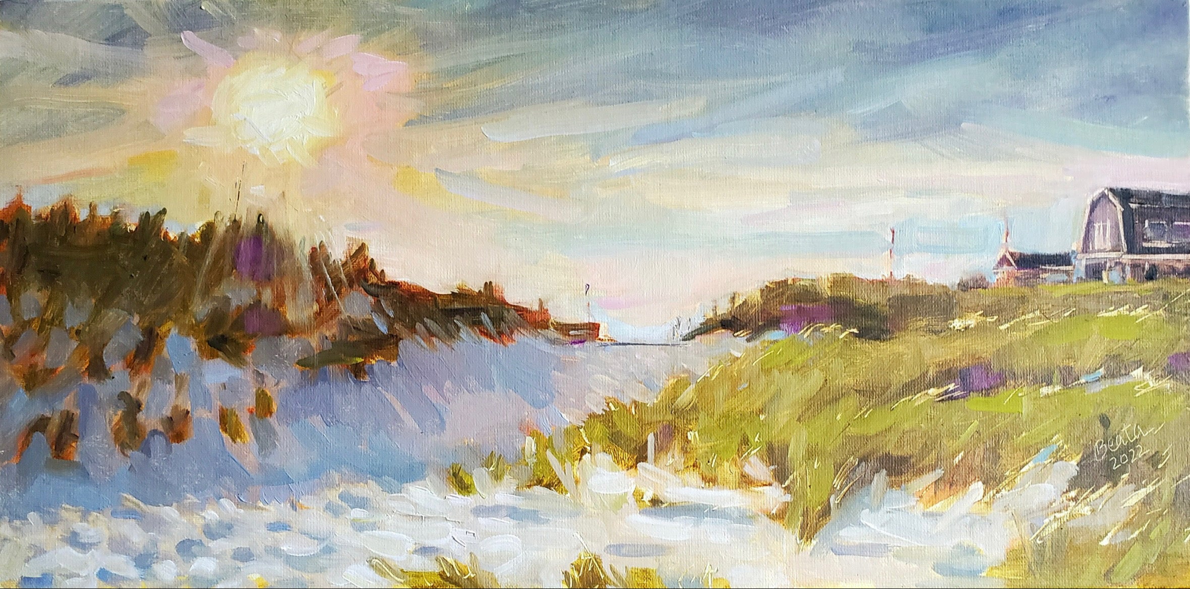 Lisa BurgerLentz: Sunset on Dolphin - Coastal Wall Art for Beach House Decor & Living Room Aesthetics