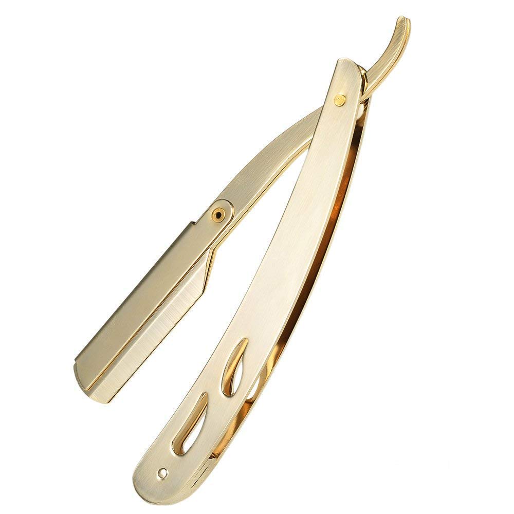 Sicastar Professional Stainless Steel Straight Edge Razor - Folding Design with Replaceable Single Edge Blades - Compatible with All Double Edge Razor Blades - Premium Haircutting & Grooming Tool (Gold) - Perfect for Barbers, Home Haircuts & Beard Shaving
