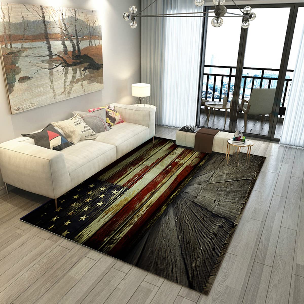 Vintage American Flag Area Rug - Washable Patriotic Star-Spangled Banner Carpet for Living Room & Bedroom (63x47 inches) - Soft Floor Mat with Retro Wooden Board Design | Perfect for Home Decor, 4th of July Celebrations & Patriotic Themed Rooms