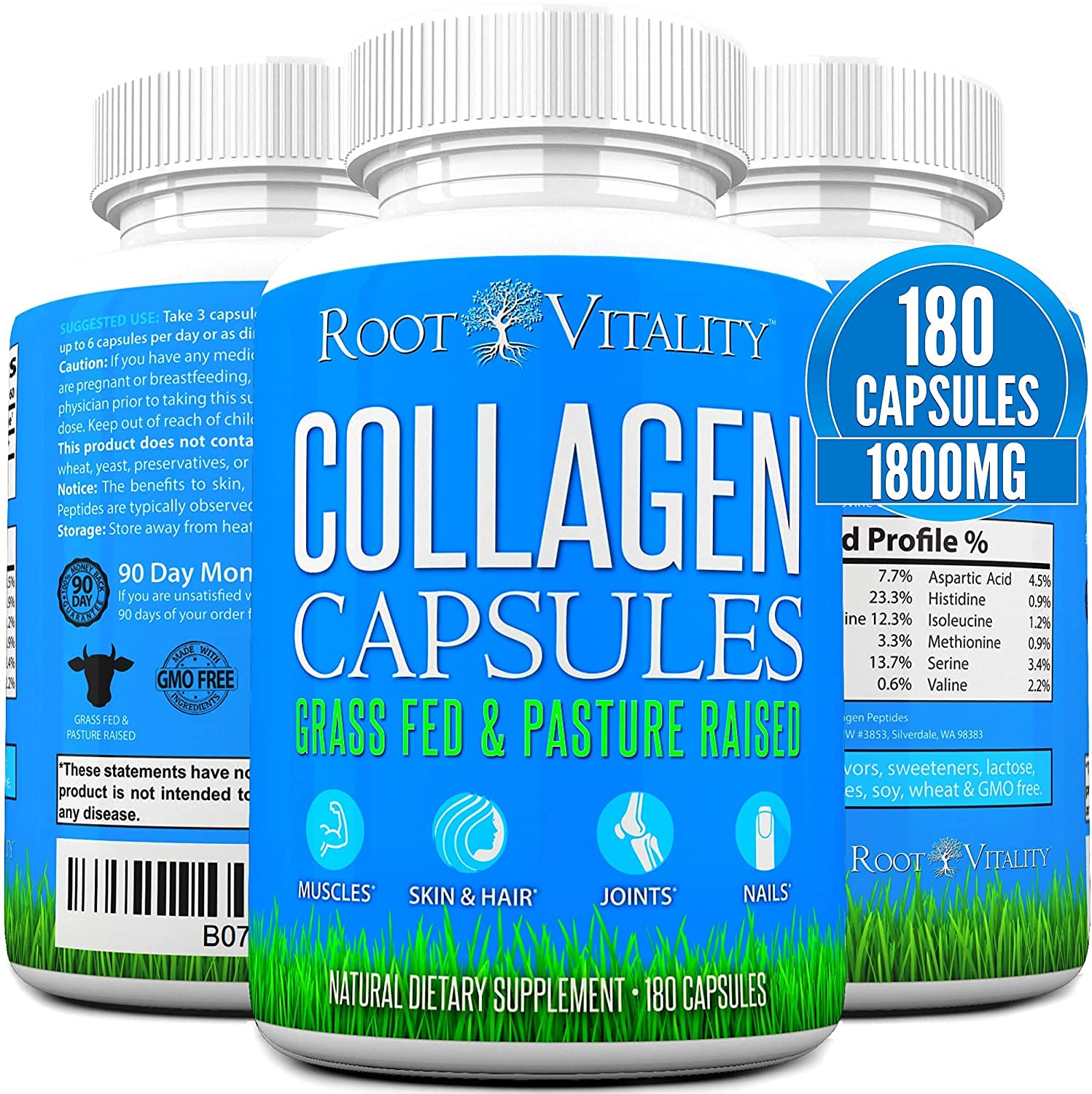 Grass-Fed Collagen Peptides Capsules - Hydrolyzed Protein Supplement for Skin, Hair & Nails - Non-GMO, Sugar Free Daily Pills for Men & Women (180 Caps) - Supports Joint Health & Beauty Routine