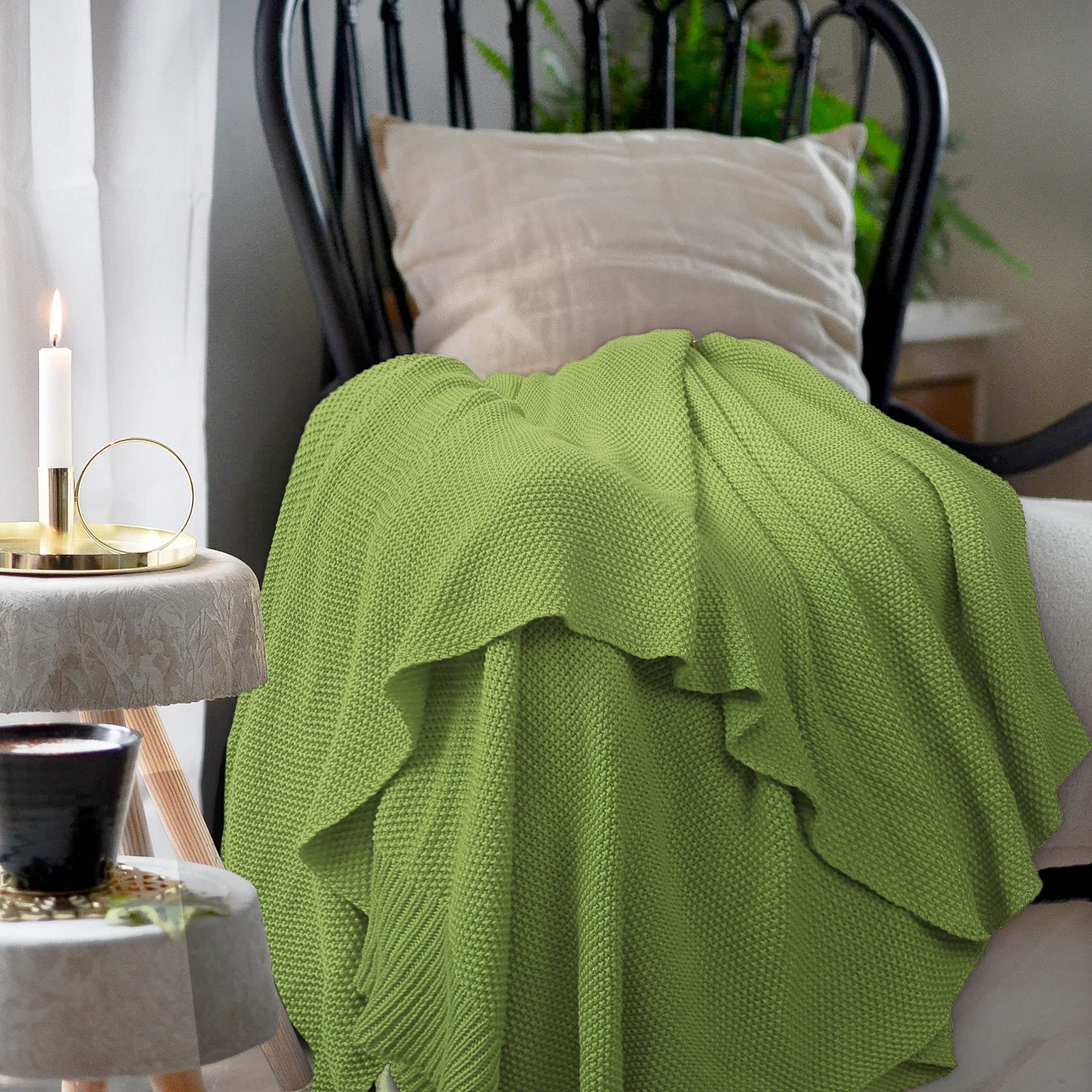 PiccoCasa 100% Cotton Knit Throw Blanket - Soft Lightweight Decorative Blanket for Sofa & Couch - Grass Green 50