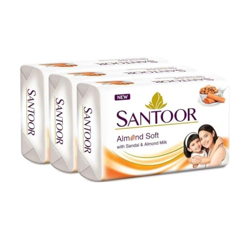Unique Santoor Almond Soft Soap 125g (3-Pack) - Moisturizing & Exfoliating Bar Soap for Dry Skin, Bath & Body Care