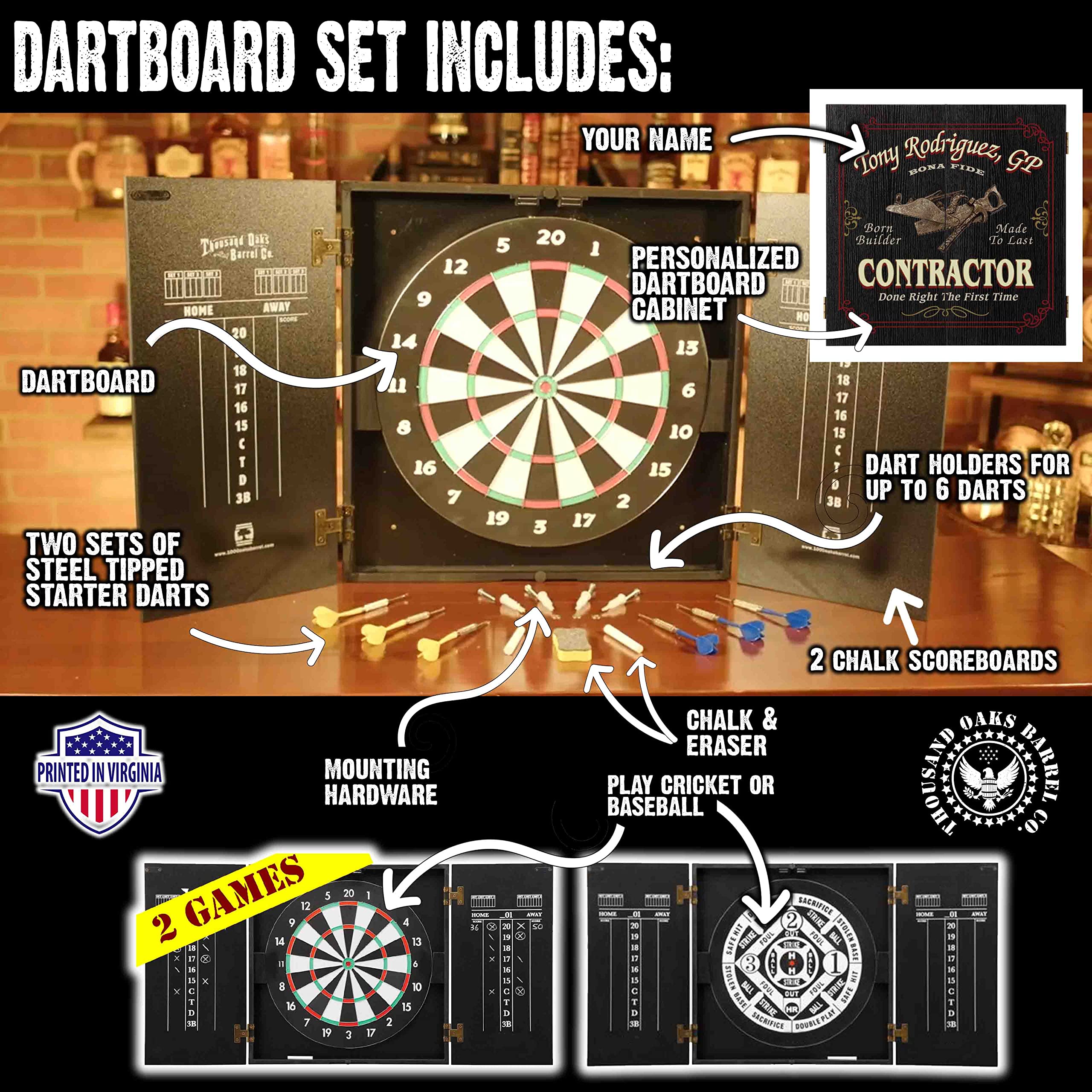 THOUSAND OAKS BARREL CO. Personalized Dartboard & Cabinet Set - Professional Steel Tip Dart Board for Adults with 6 Darts, Eraser & Chalk Scoreboard - Perfect for Game Rooms, Bars & Man Caves