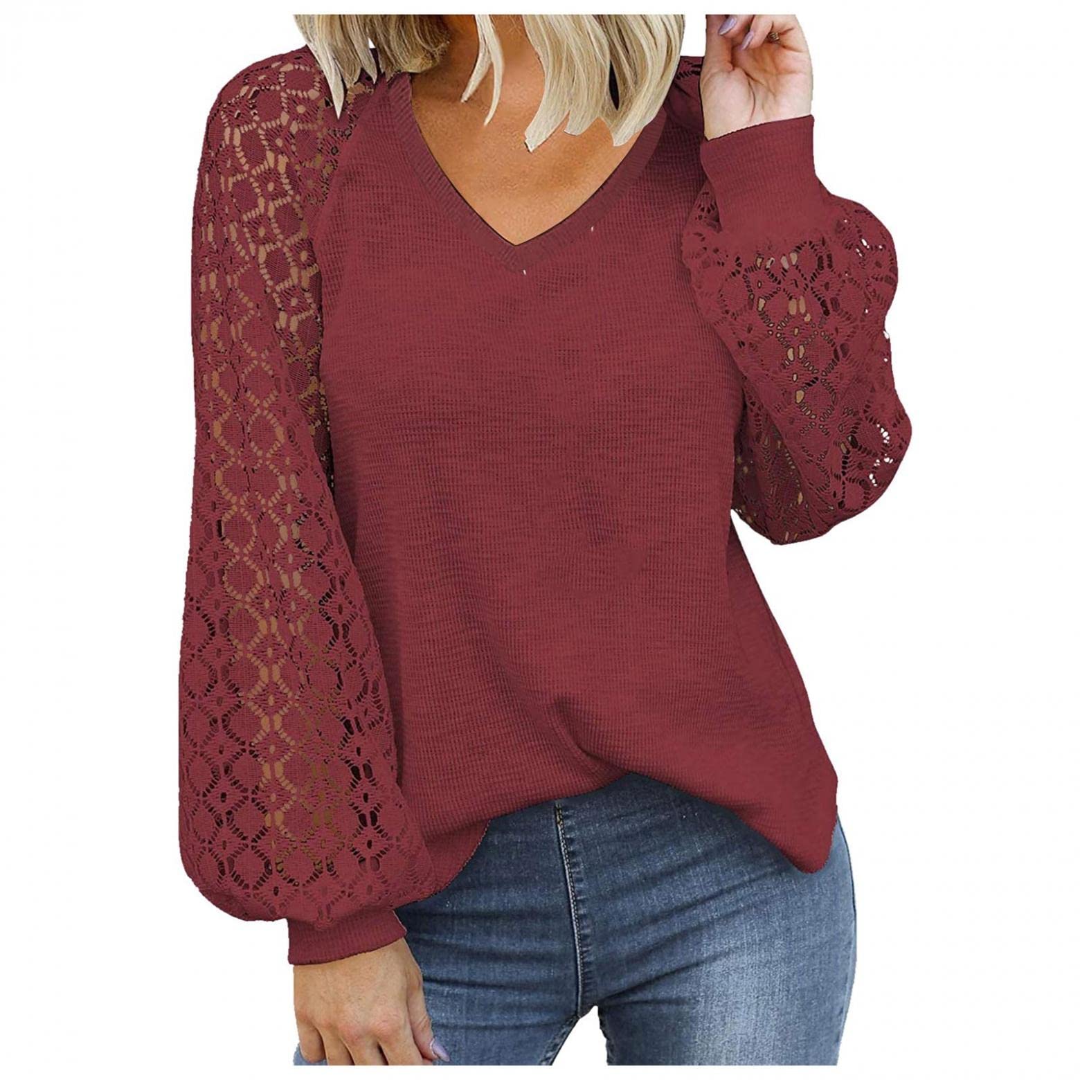 Women's Long Sleeve Lace Waffle Knit Blouse - V-Neck Hollow Out Pullover Top in Solid Colors | Perfect for Office Wear, Casual Outfits & Date Nights