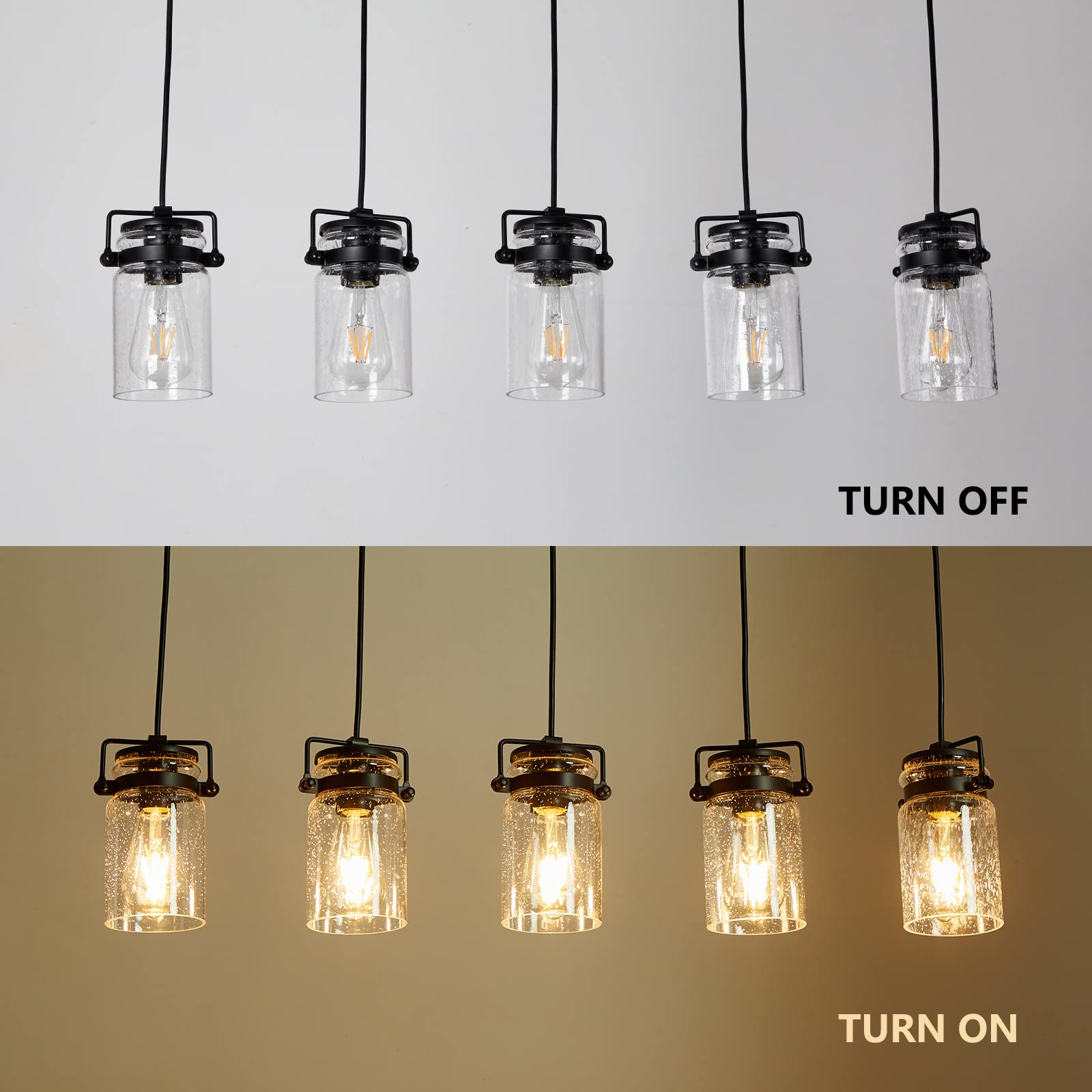 5-Light Black Linear Chandelier for Kitchen Island & Dining Room - Farmhouse Style Pendant Lighting with Glass Shades | Perfect for Modern Farmhouse, Rustic, and Industrial Home Decor